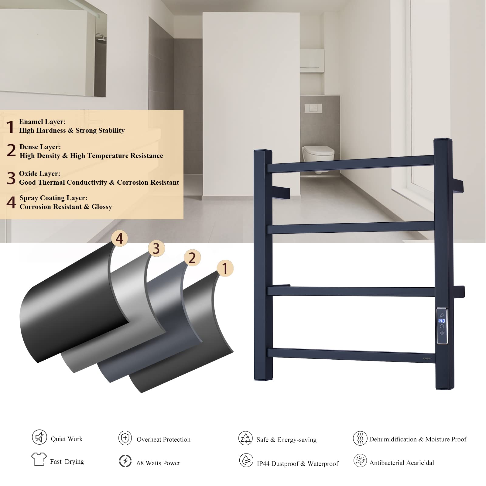Electric Towel Warmer with Built-in Timer - Wall Mounted Bathroom Heated Towel Rack (Black) | Fast Heating, Energy Efficient | Perfect for Spa, Luxury Bathrooms & Cold Weather Comfort