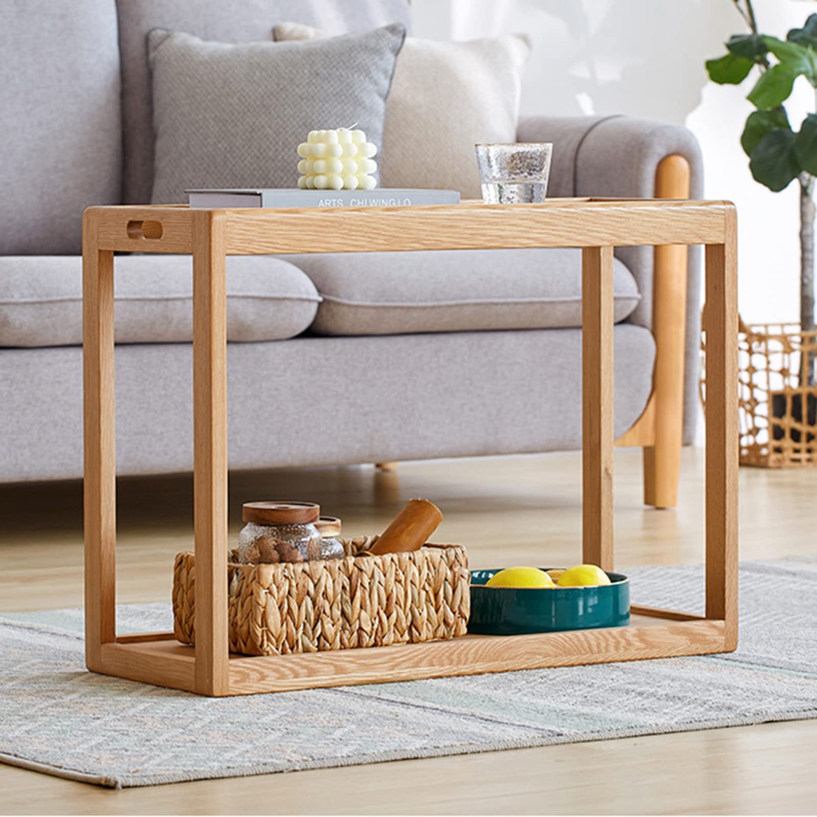 2-Tier Rolling Side Table with Glass Tray - Modern Oak Wood Coffee Table with Wheels, Mobile Snack Tray & Storage Shelf (22.1