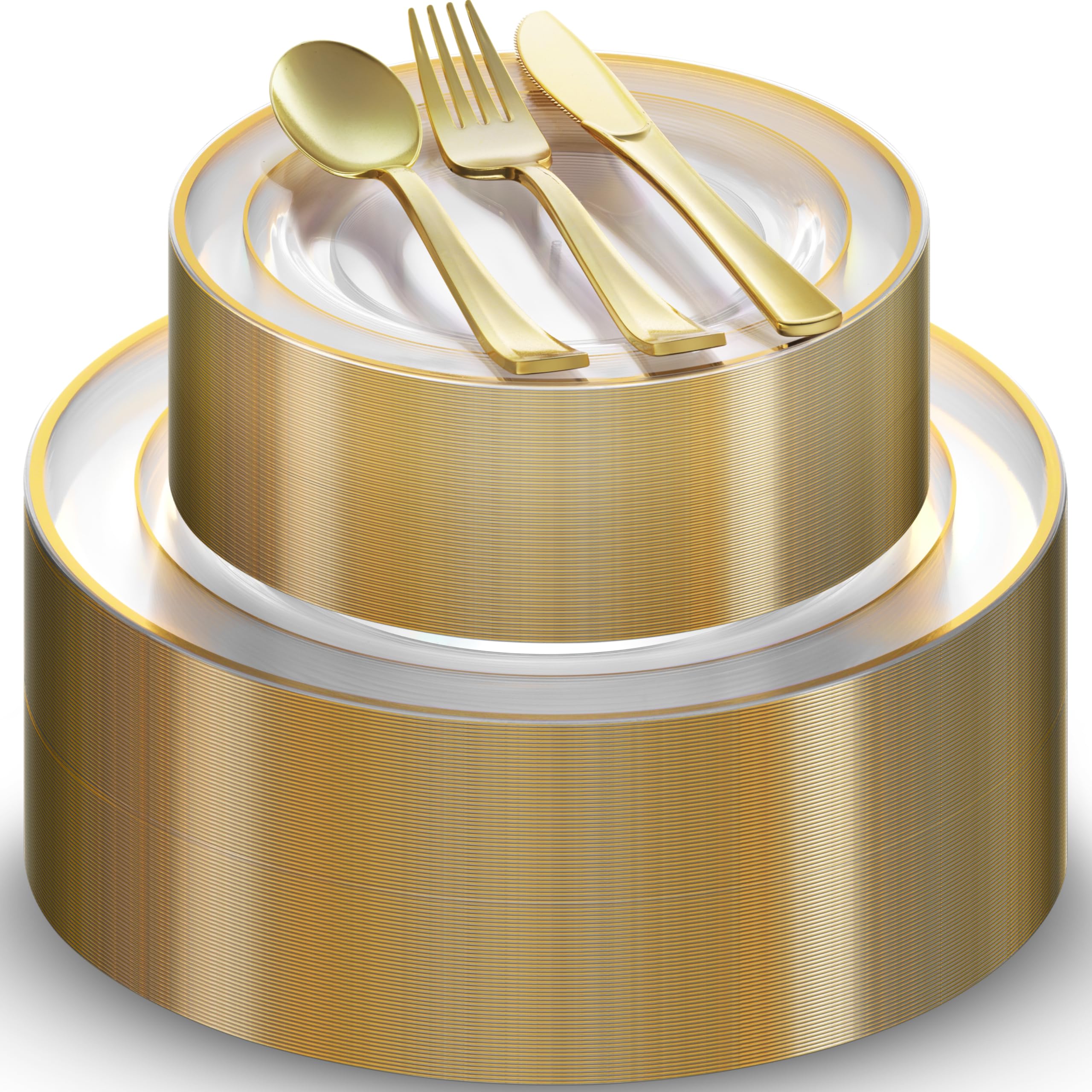 125-Piece Gold Dinnerware Party Set - 50 Gold Rim Clear Plastic Plates, 25 Dinner & 25 Dessert Plates, 25 Knives, Forks & Spoons - Disposable Tableware for 25 Guests - Perfect for Weddings, Birthdays, Baby Showers & Holiday Celebrations