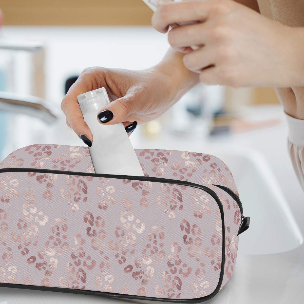 Portable Rose Gold Leopard Print Travel Toiletry Bag - Waterproof Cosmetic Makeup Organizer Pouch for Women | Perfect for Vacation, Gym & Business Trips