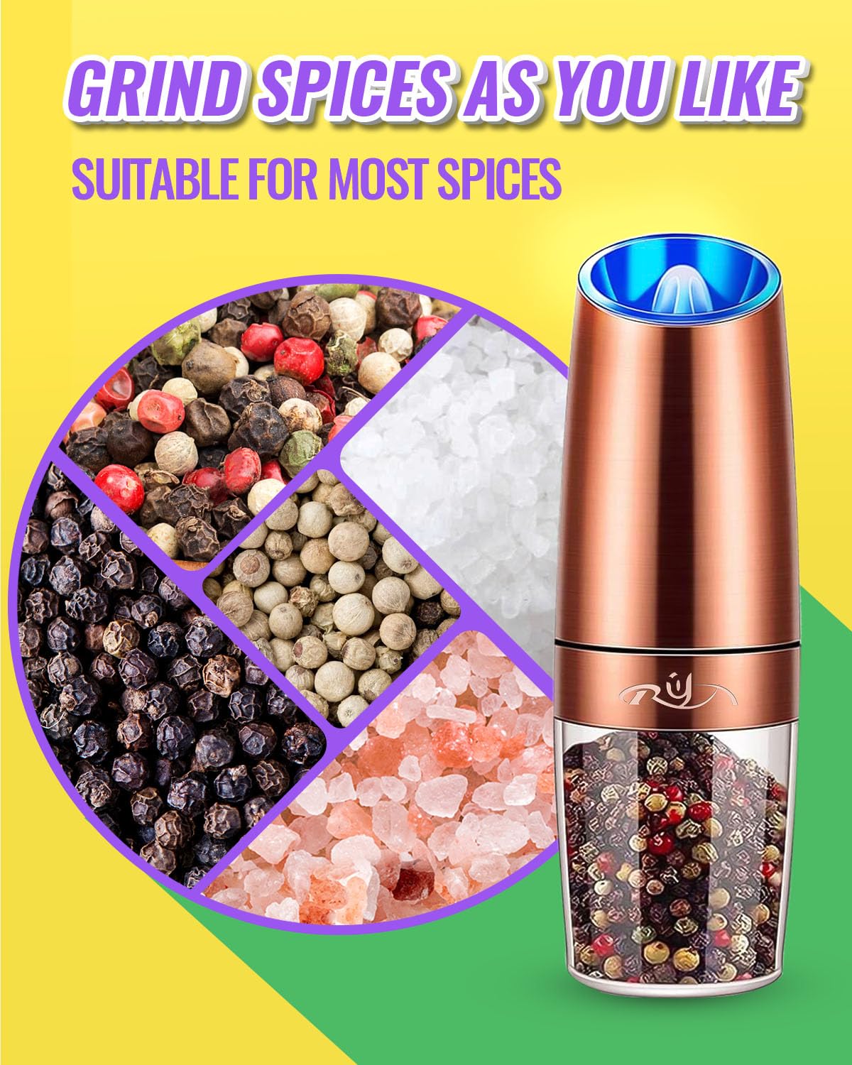 Premium Electric Gravity Salt and Pepper Grinder Set - Ceramic Rotor, Stainless Steel Body with Blue LED Light - Battery Powered Adjustable Coarseness Mill - One-Hand Operation - Perfect for Kitchen, Dining Table & Outdoor BBQ (Copper Finish)
