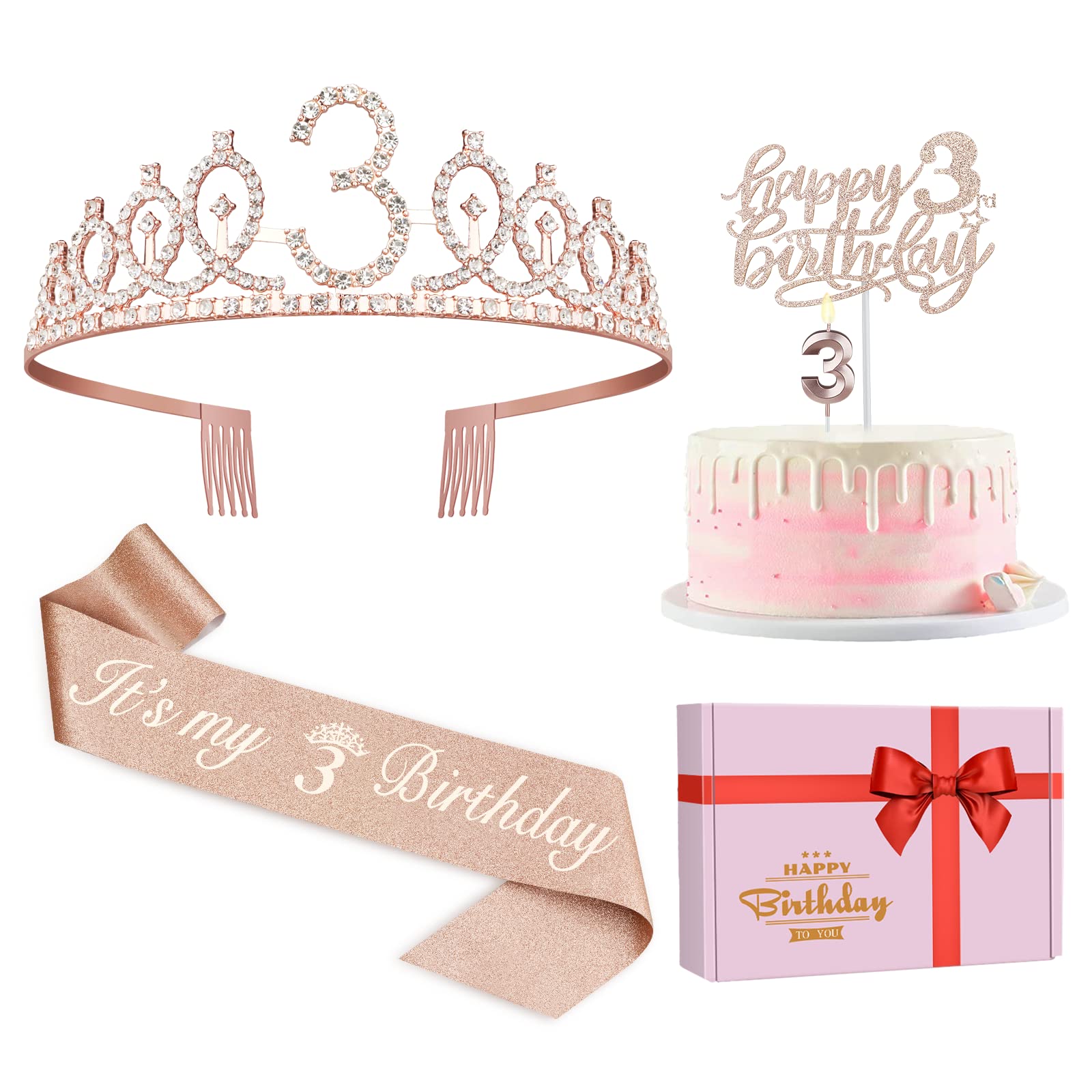 3rd Birthday Party Decorations for Girls - Pink Princess Tiara, Sash, Candles & Cake Toppers Set | Perfect 3 Year Old Girl Birthday Gifts | Great for Princess Themed Parties, Photo Booths & Birthday Celebrations
