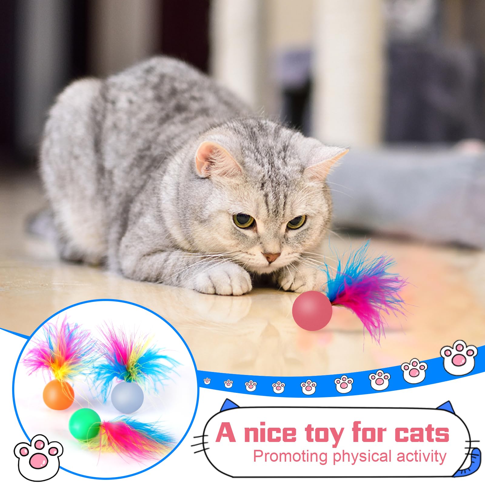 SHENGSEN Feather Cat Toys - 4 Pack Bouncy Balls with Feathers for Kittens & Cats | Interactive Play, Exercise & Stress Relief | Perfect for Indoor Playtime & Pet Bonding