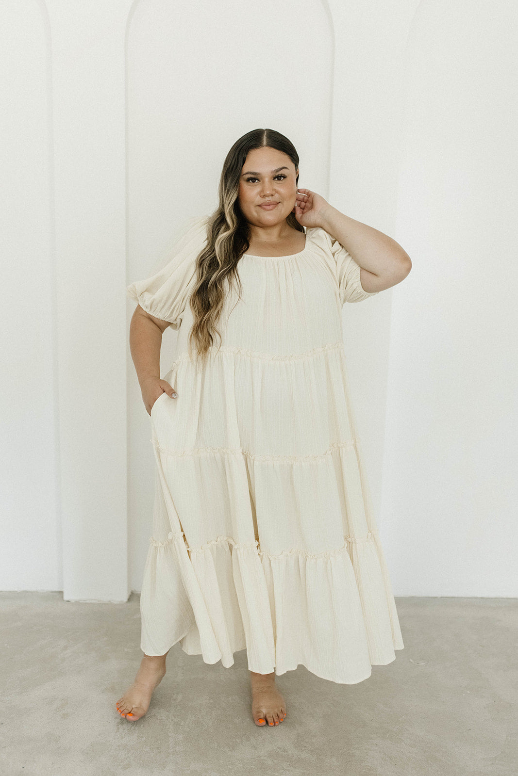 Eva Puffed Sleeve Maxi Dress in Cream - Bump Friendly Maternity Dress with Inclusive Sizing (S-3XL) | Perfect for Weddings, Baby Showers & Summer Vacations