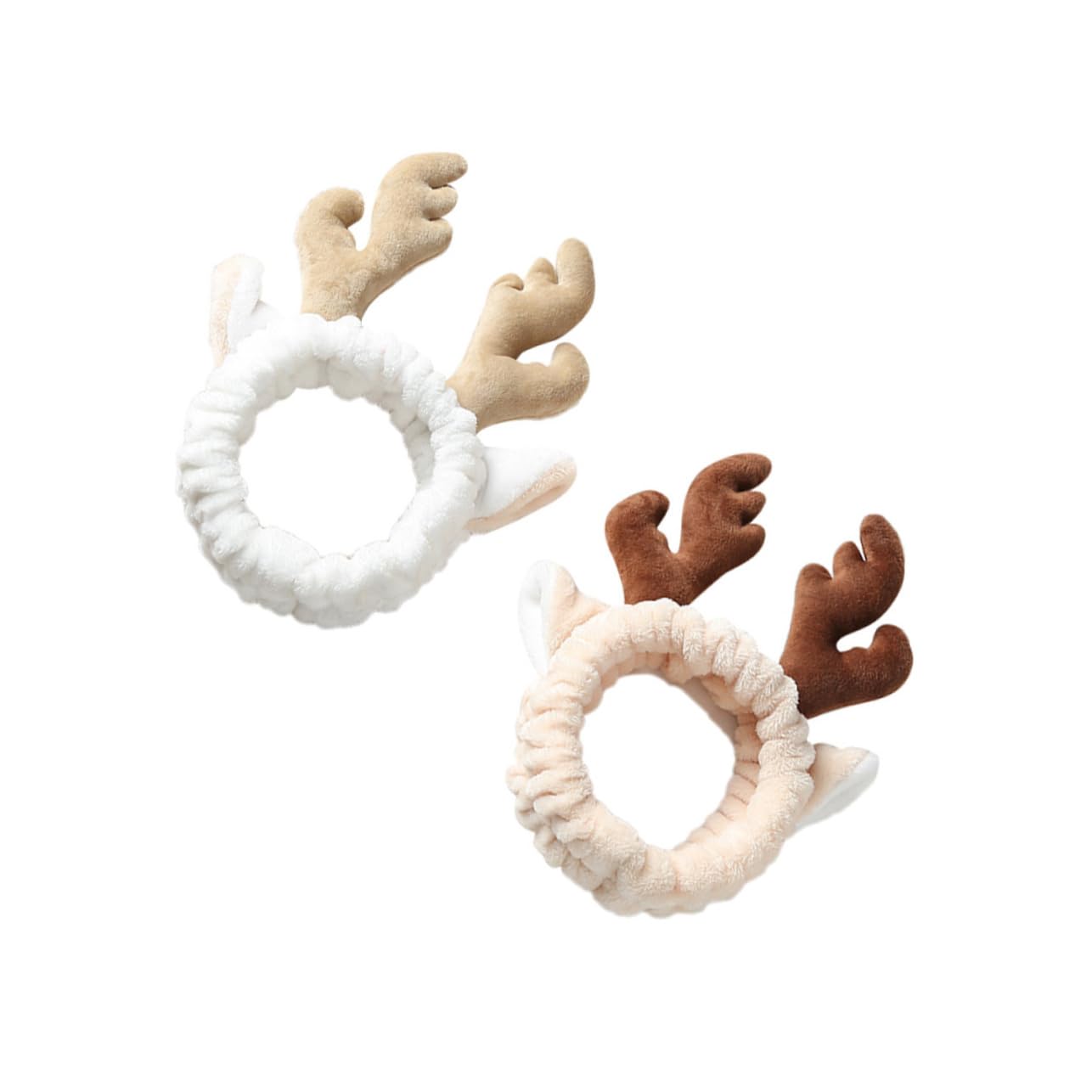 Minkissy 2PCS Soft Coral Fleece Antler Headbands for Women - Makeup, Face Washing & Sports Hair Hoop - Adjustable Bow Tie Headgear for Girls & Women (Perfect for Spa, Skincare, Yoga & Gym)