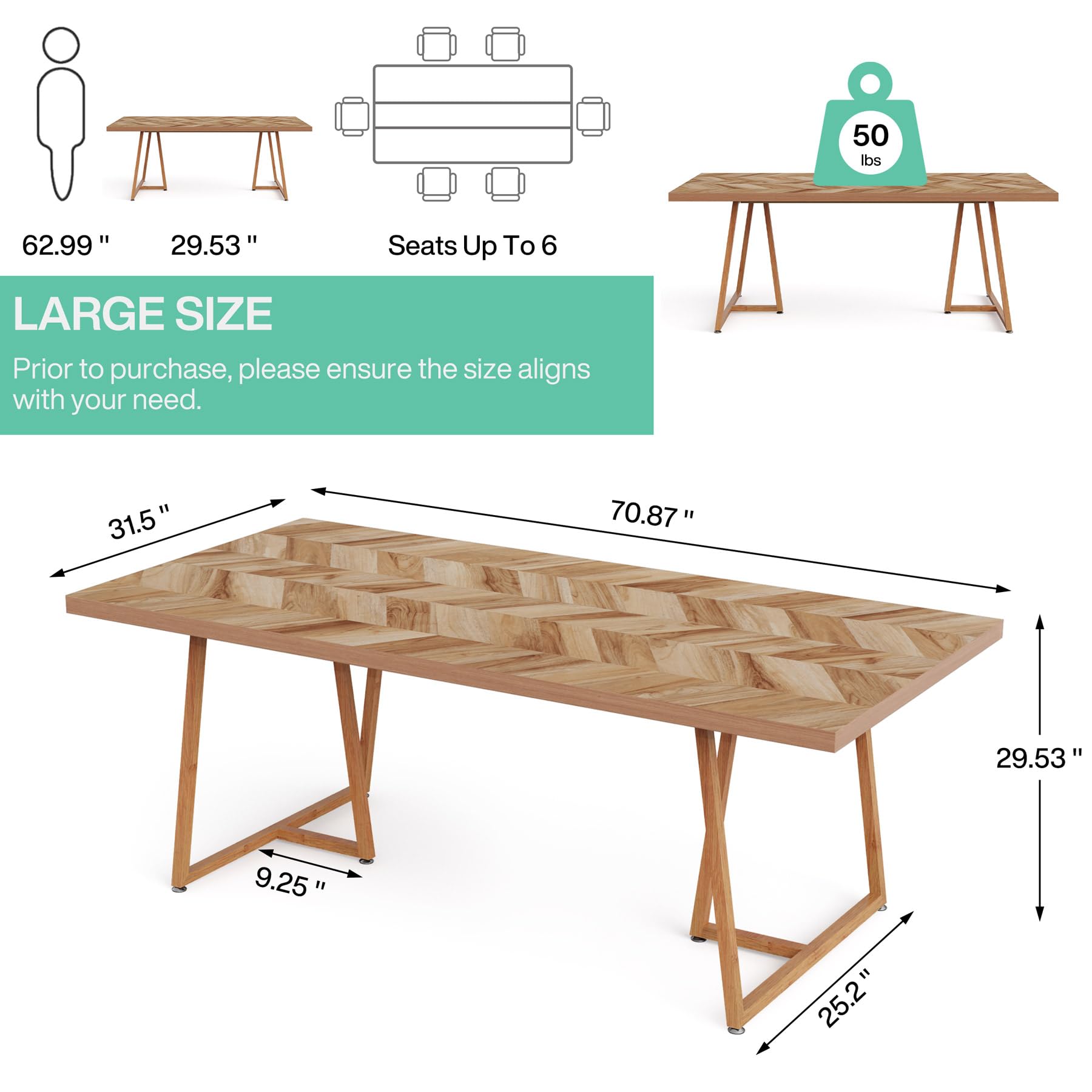 Tribesigns 70.9 Inch Solid Wood Farmhouse Dining Table for 6-8 People - Heavy Duty Rectangular Kitchen Table with Industrial Metal Legs - Walnut Finish Dining Room & Living Room Furniture - Ideal for Family Dinners, Entertaining Guests, Home Decor, and Small Space Dining Areas