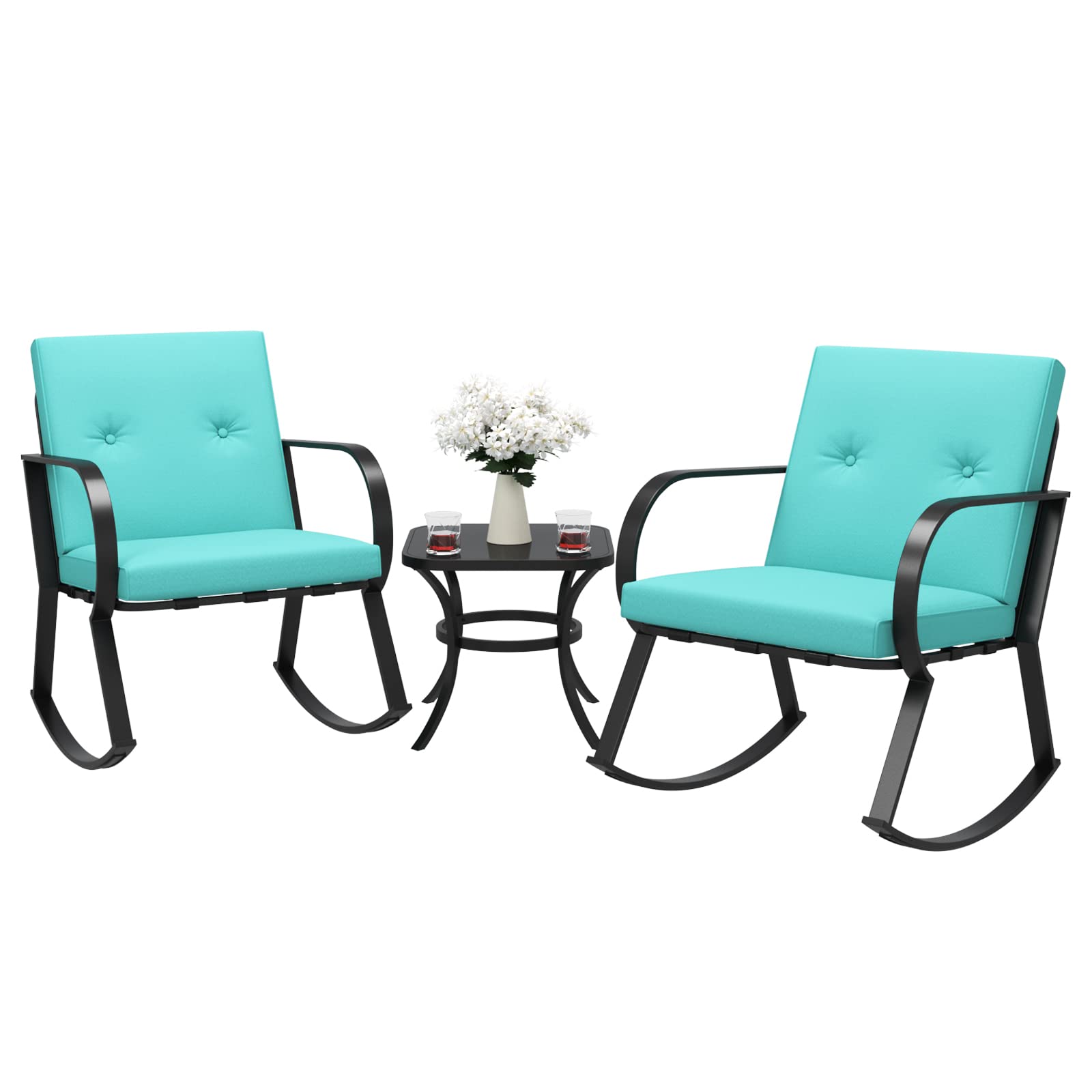 Upgraded 3-Piece Metal Outdoor Rocking Chair Set with Thickened Cushions & Coffee Table - Modern Patio Furniture for Porch, Balcony, Lawn & Garden - Blue Bistro Set for Relaxing, Entertaining & Outdoor Dining