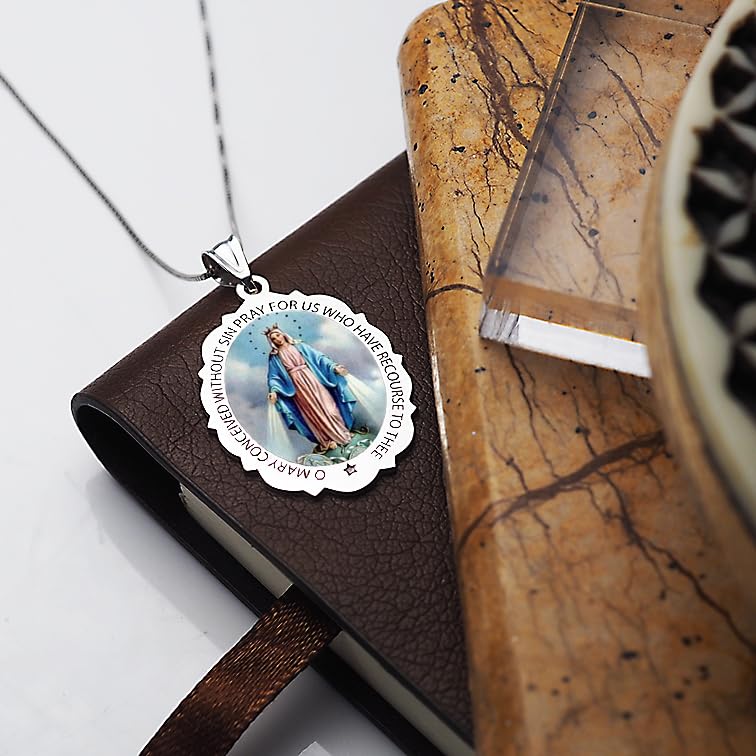 Miraculous Medal Necklace - 10K/14K Yellow/White Gold & Sterling Silver Catholic Virgin Mary Pendant for Women & Men | Religious Jewelry for First Communion, Baptism & Christian Gifts | Elegant Oval Design for Daily Wear & Special Occasions