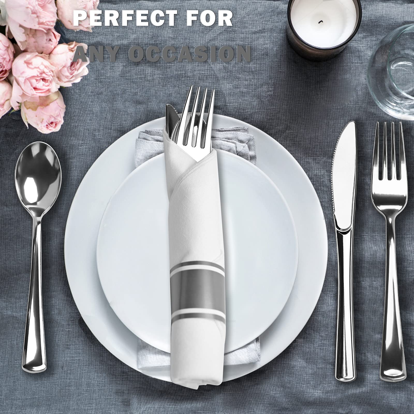60-Piece Disposable Heavy Duty Plastic Silverware Set - Pre-Rolled Silver Plastic Cutlery with Napkins (60 Forks, 60 Knives, 60 Spoons) for Wedding, Party, Catering & Outdoor Events - Bulk Utensils for Dinner, Picnic & Office Use