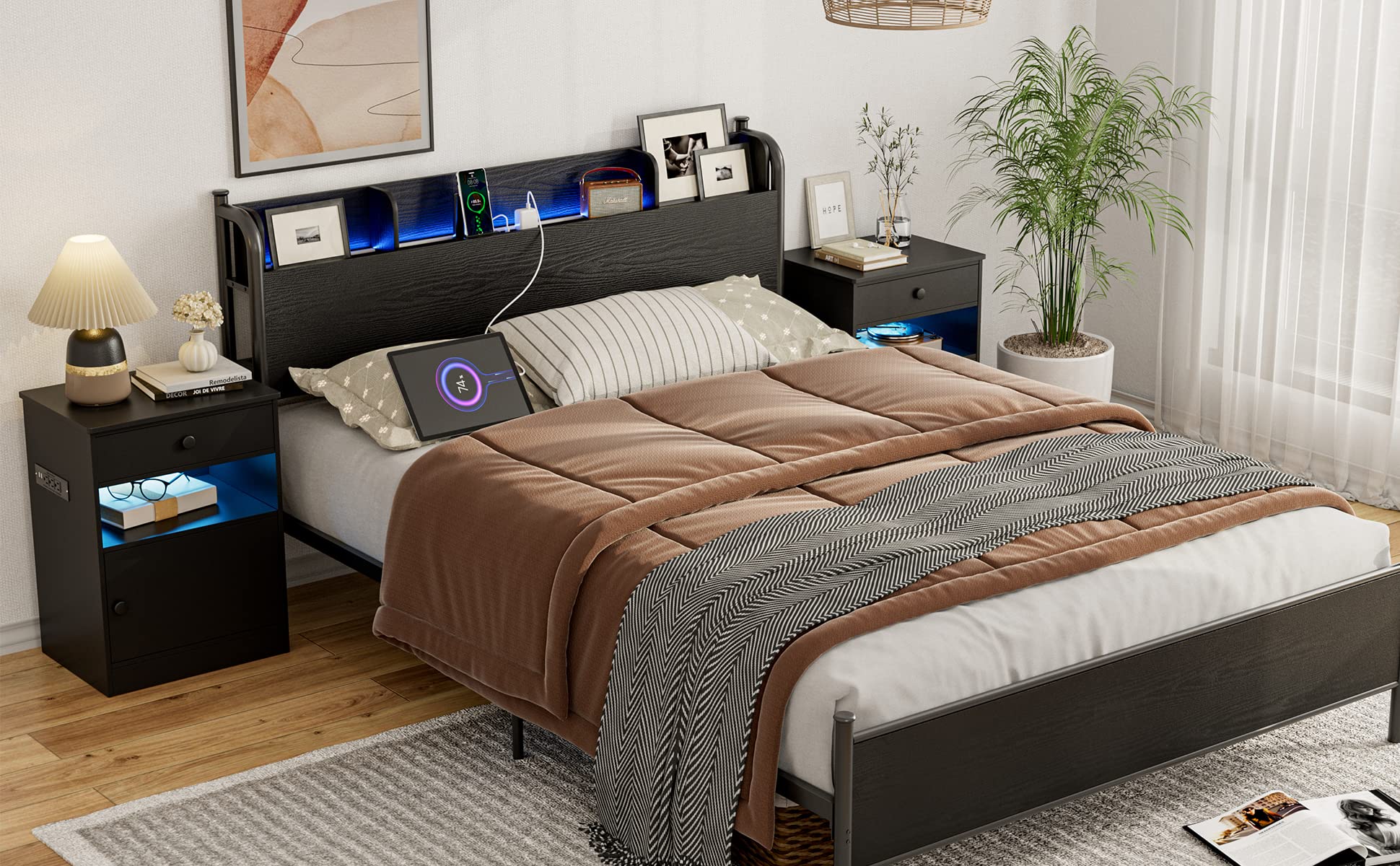 IKIFLY Modern Nightstand Set of 2 with USB Charging Station & LED Lights - Bedside End Tables with Drawer, Open Shelf & Storage Cabinet - Perfect for Bedroom, Living Room & Small Spaces (Black)