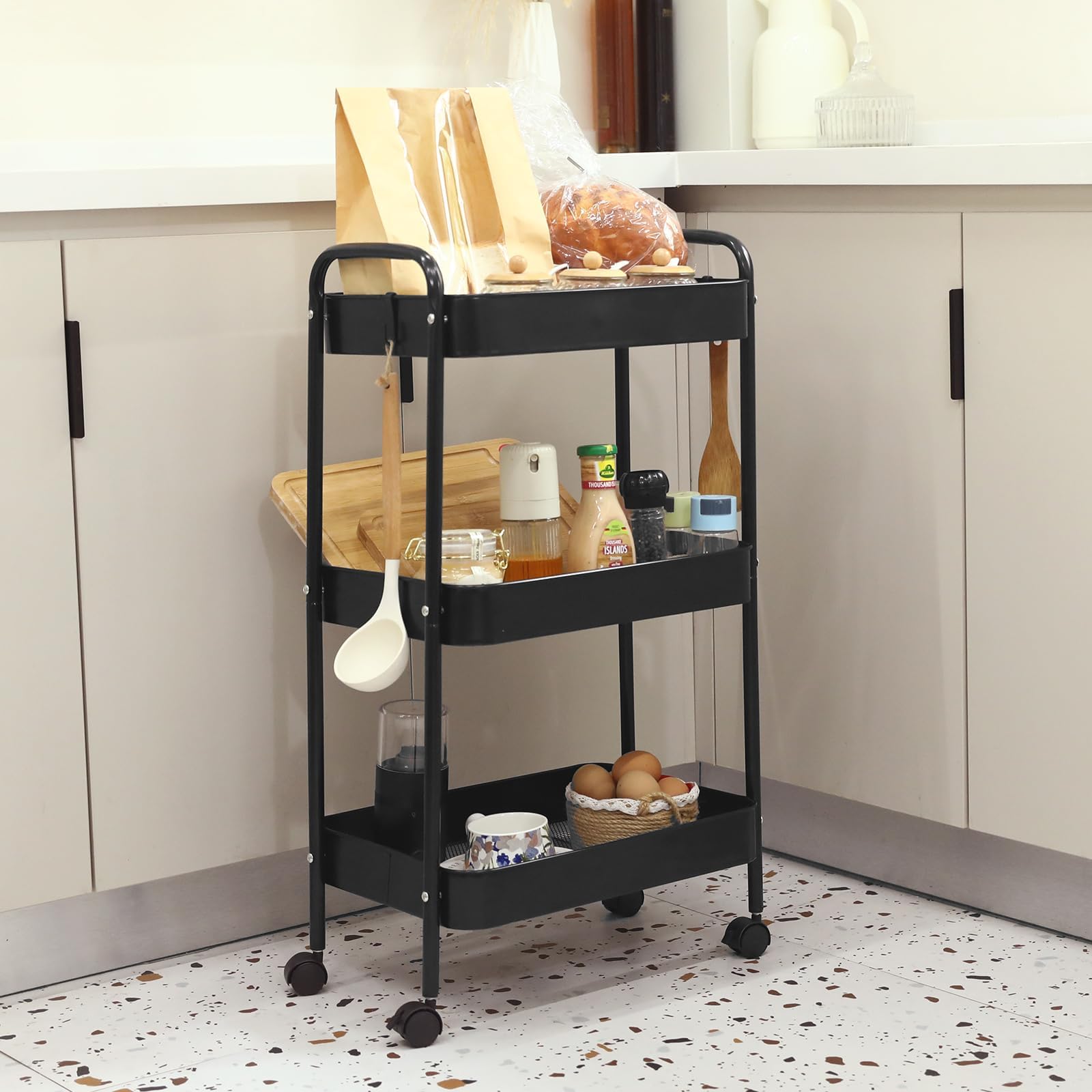 3 Tier Rolling Cart with Wheels - Heavy Duty Metal Utility Cart, Detachable Storage Organizer Trolley for Kitchen, Living Room, Office & Garage - Space Saving Mobile Storage Solution (Black) - Perfect for Organizing Pantry Items, Office Supplies, Bathroom Essentials & Garage Tools