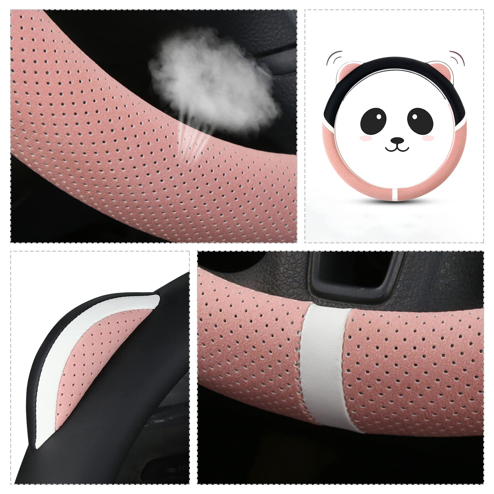 Ergocar Round Steering Wheel Cover - Microfiber PU Leather with Cat Ears Design, Anti-Slip & Breathable (15