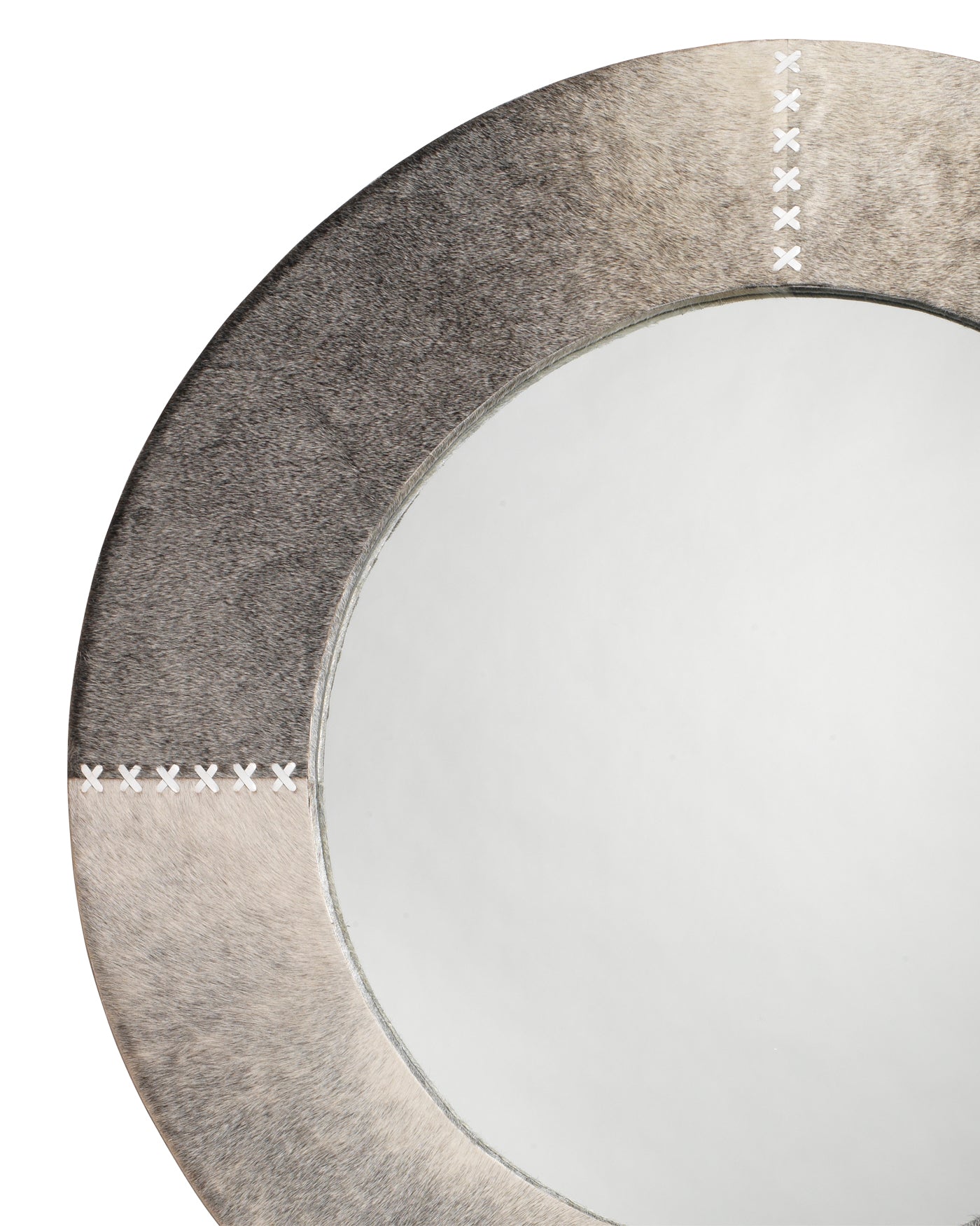 Round Cross Stitch Mirror with Grey Hide Frame - Elegant Home Decor for Living Room, Bedroom, or Entryway