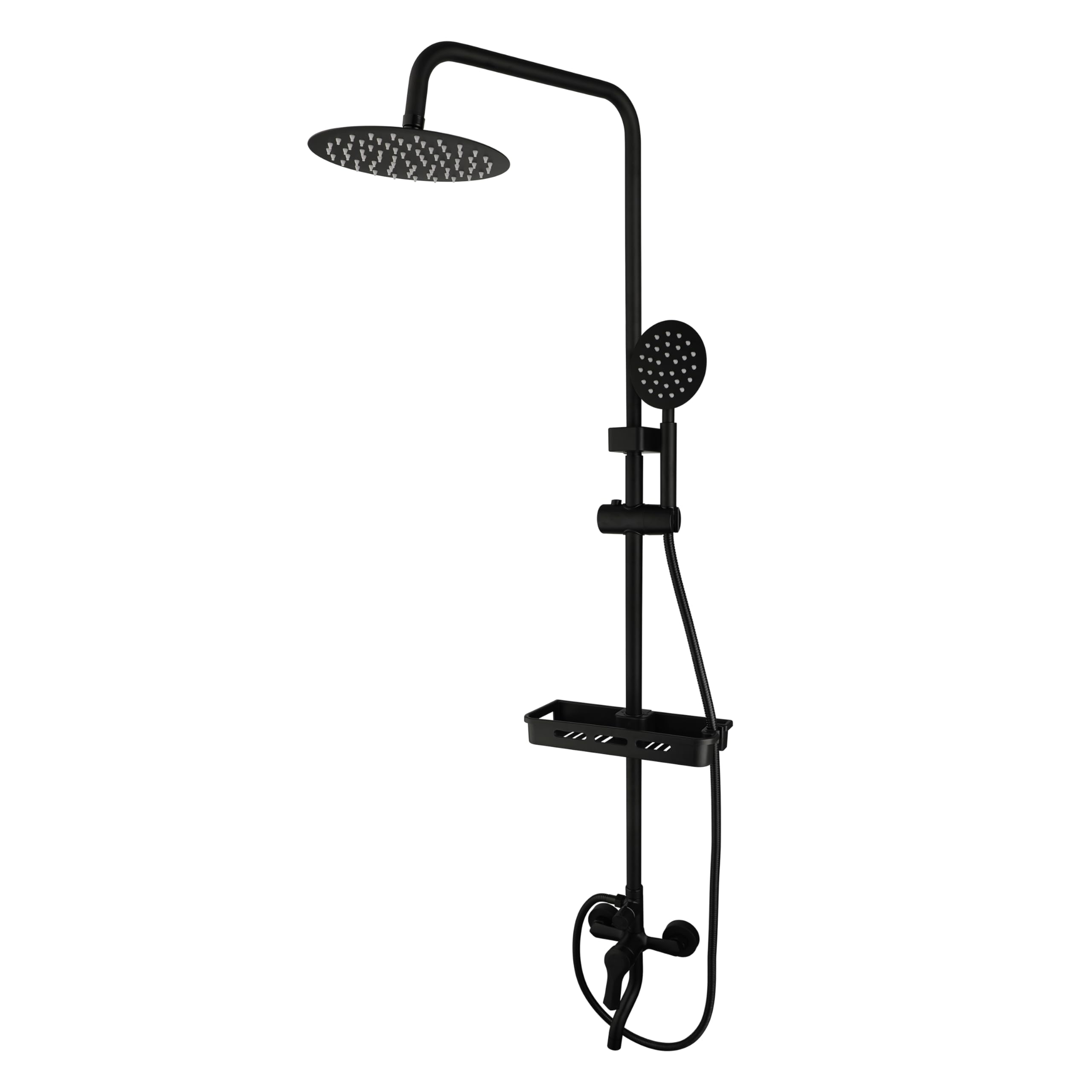 KECTIAKL Matte Black Outdoor Shower System - 8 Inch Rainfall Shower Head with 3 Spray Modes, Wall Mounted Bathroom Shower Fixtures Set Including Shower Caddy - Perfect for Backyard, Poolside, and RV Use