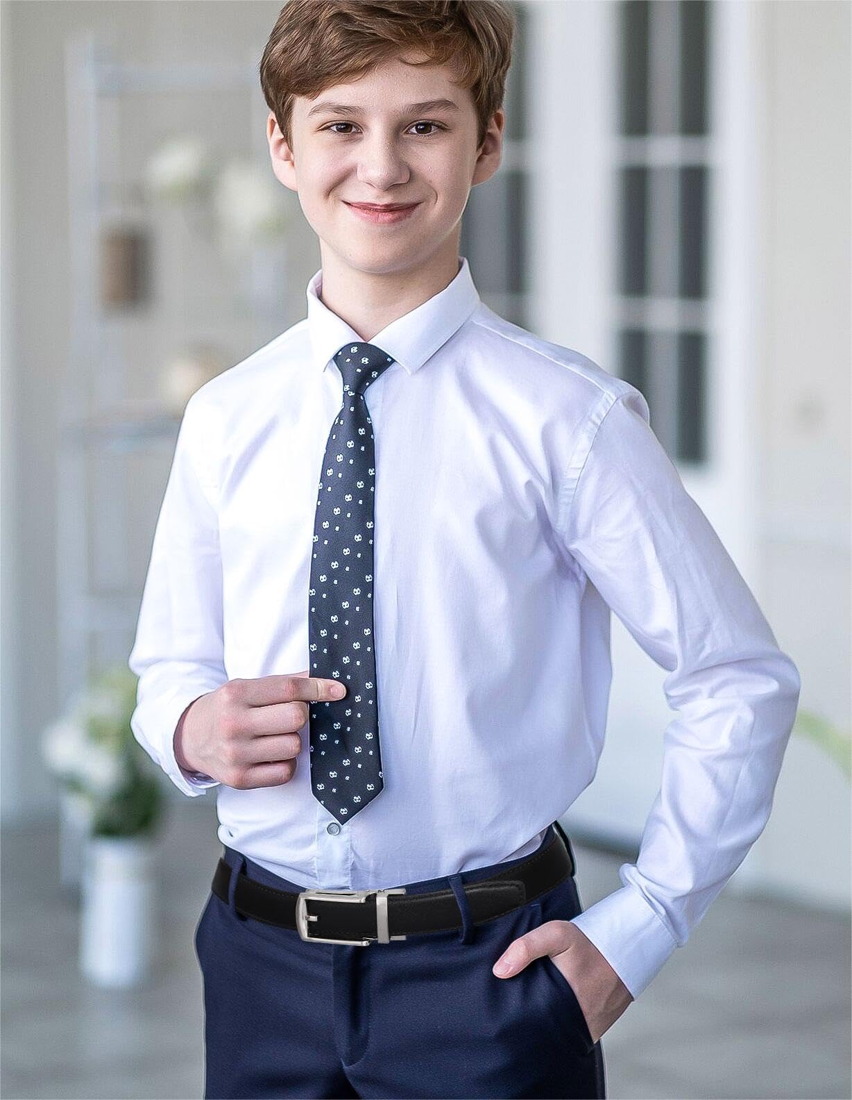AWAYTR Boys Ratchet Belt for Kids - Adjustable Leather Belts for Dress Pants, Uniform & Jeans | Black & Brown | Perfect for School, Church & Special Occasions