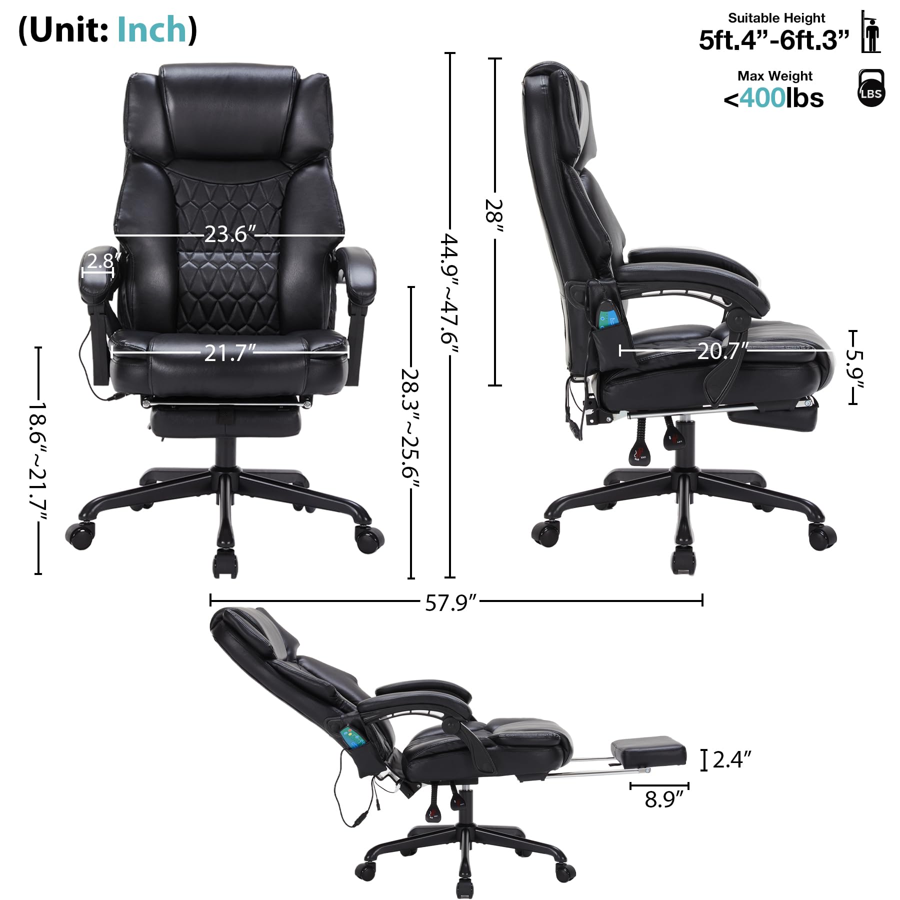 Ergonomic Massage Office Chair with Foot Rest - 6-Point Vibration & Heating - Heavy Duty 400lbs Capacity - Reclining Executive Desk Chair for Home & Office (Black) - Perfect for Long Work Hours, Back Pain Relief & Relaxation