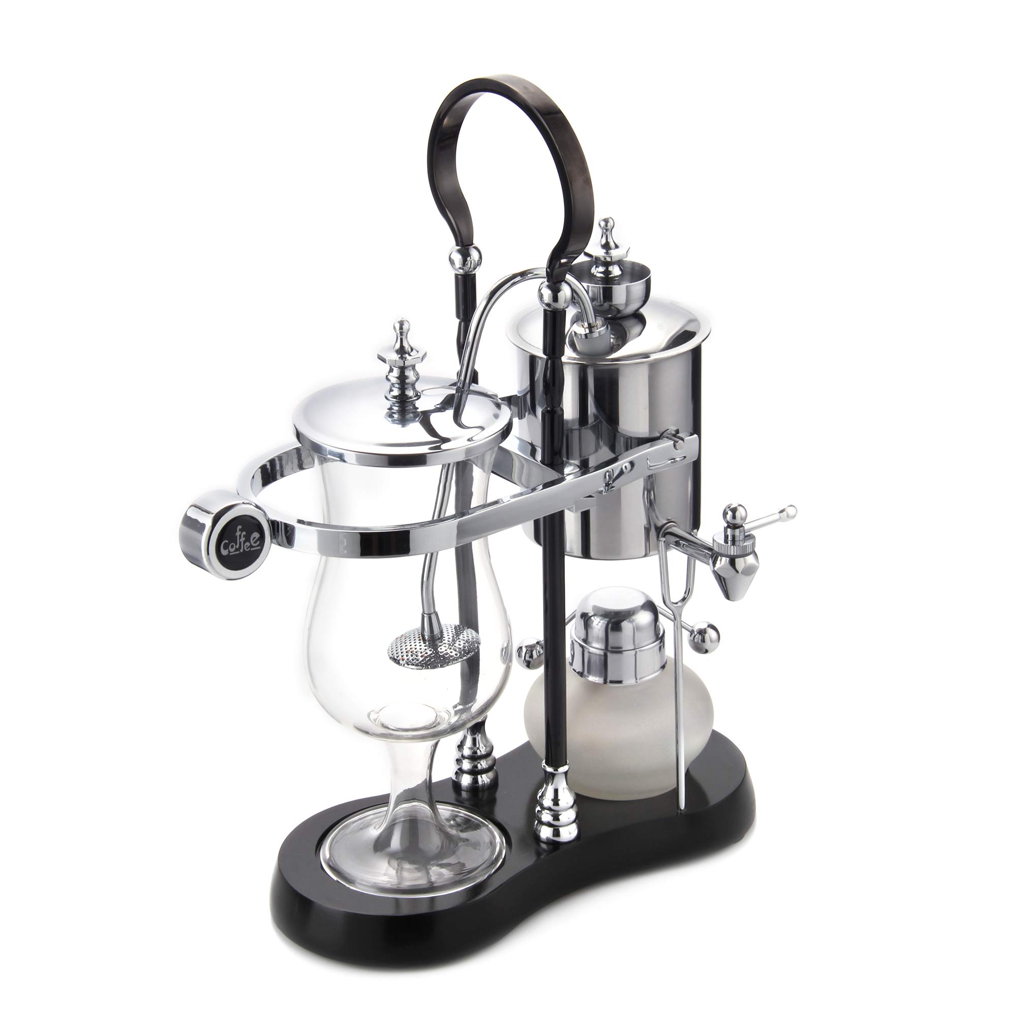 Premium Belgian Royal Family Balance Syphon Coffee Maker - Silver & Black Column with Round Handle - Elegant Siphon Brewer for Home, Office & Specialty Coffee Shops