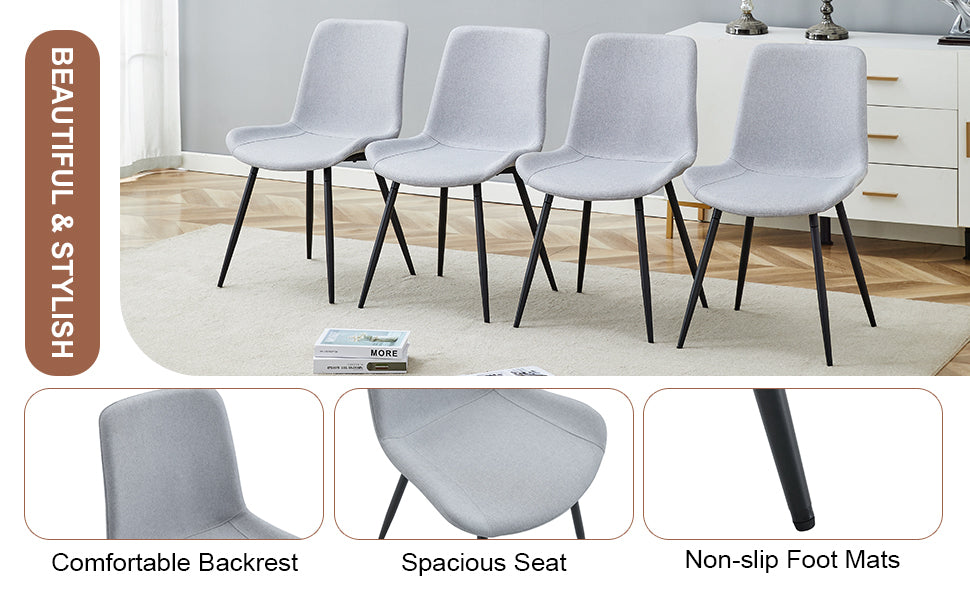 6-Piece Light Gray Linen Cotton Dining Chair Set - Ergonomic Curved Cushion Design for Comfortable Seating | Perfect for Dining Room, Kitchen, and Home Decor
