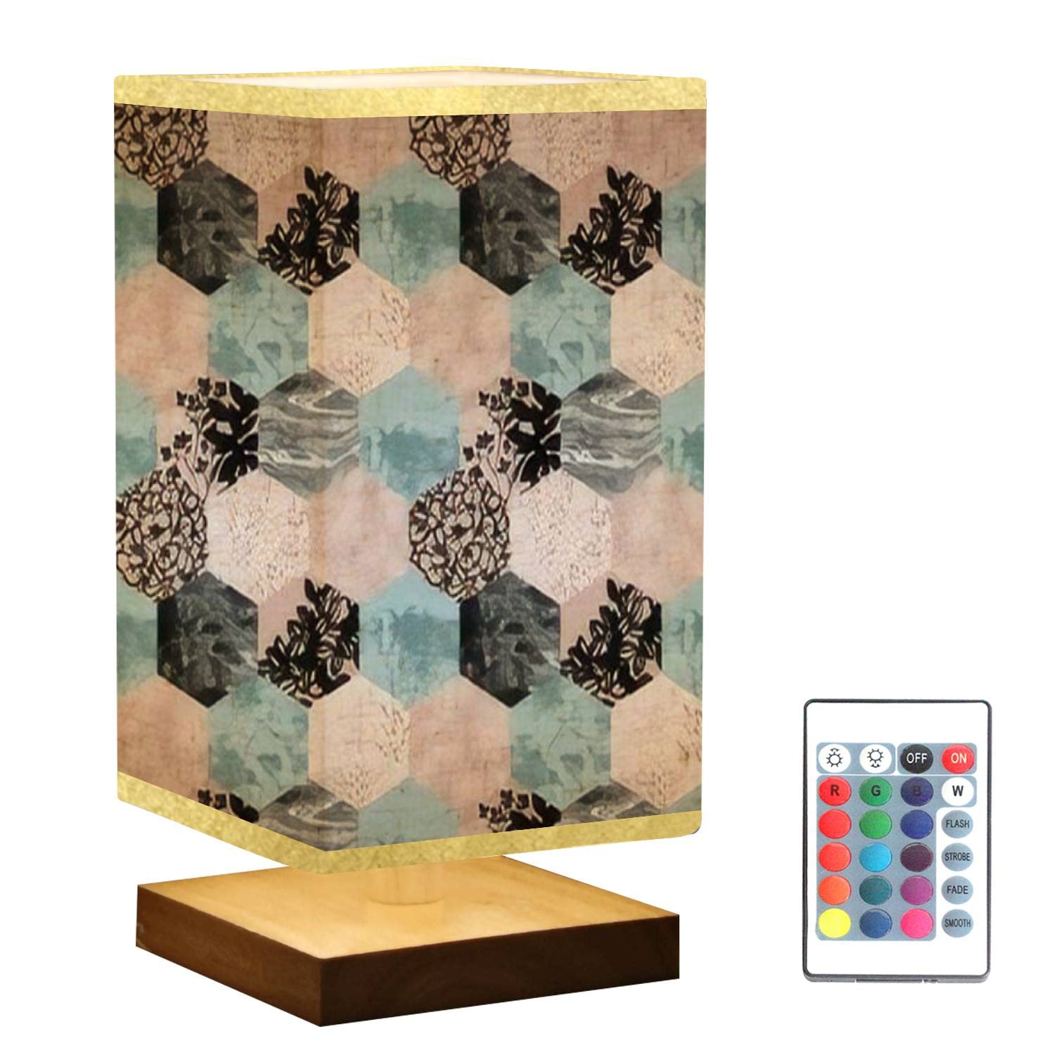 Hexagon Wooden Base Dimmable Bedside Table Lamp with Flaxen Fabric Shade - Geometric Nightstand Light with Flower Silhouettes for Bedroom, Living Room, Office & Reading Nook - Perfect for Cozy Nights & Home Decor