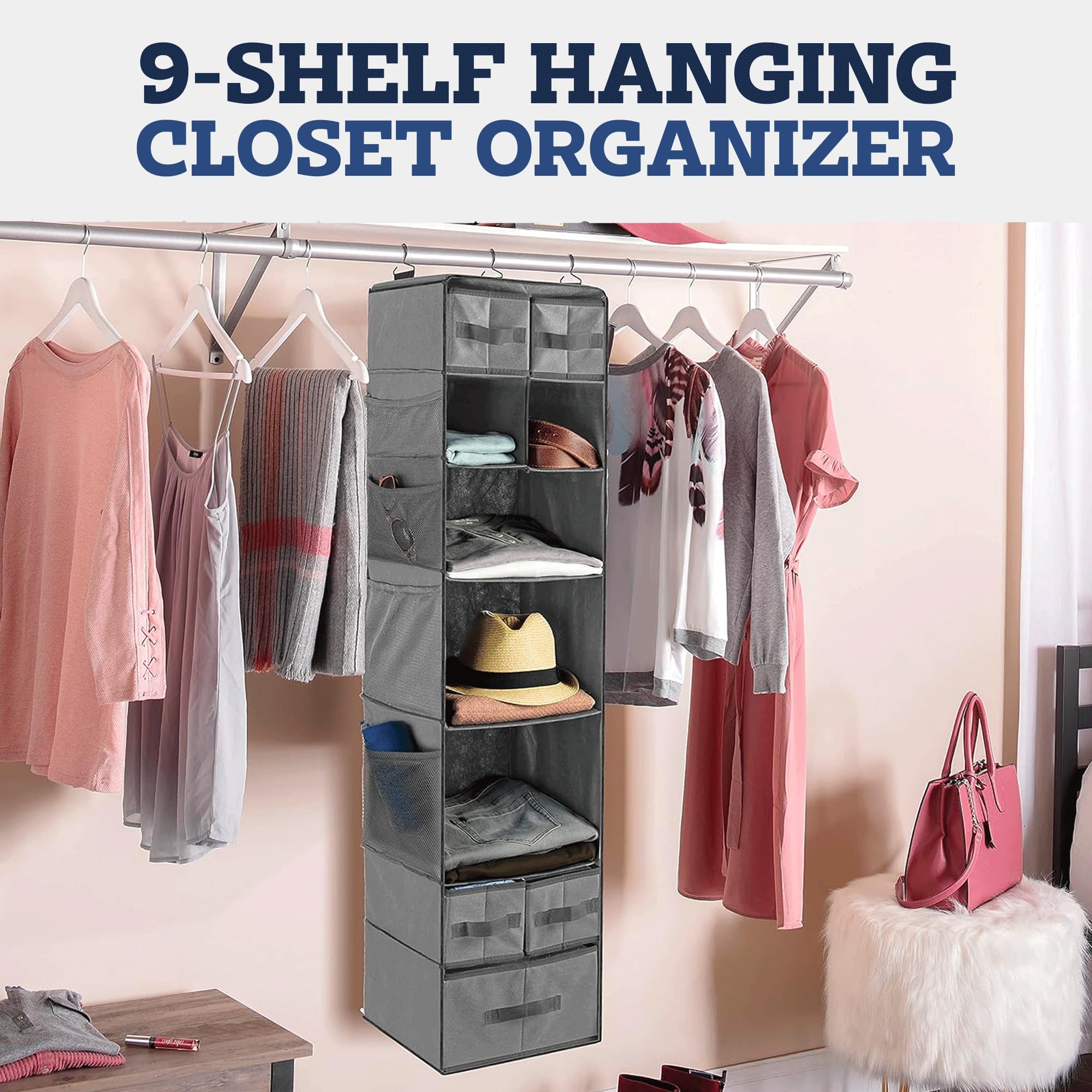 ZOBER 9-Shelf Hanging Closet Organizer - Space Saving Storage Shelves for Clothes, Towels & Toys - Perfect for College Dorm, Nursery, Bedroom & Home Organization (Easy Install, Heavy Duty Fabric)