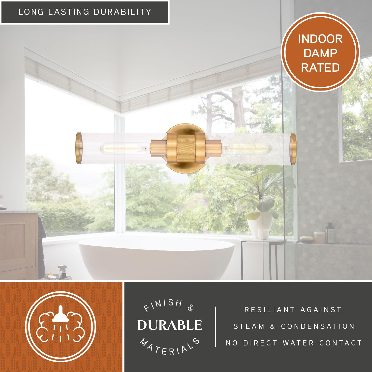 VAXCEL Levitt 2-Light Bathroom Vanity Light Fixture - Mid Century Modern Industrial Style with Satin Brass Finish & Clear Glass Shades - Perfect for Bathroom, Powder Room, and Dressing Area Lighting