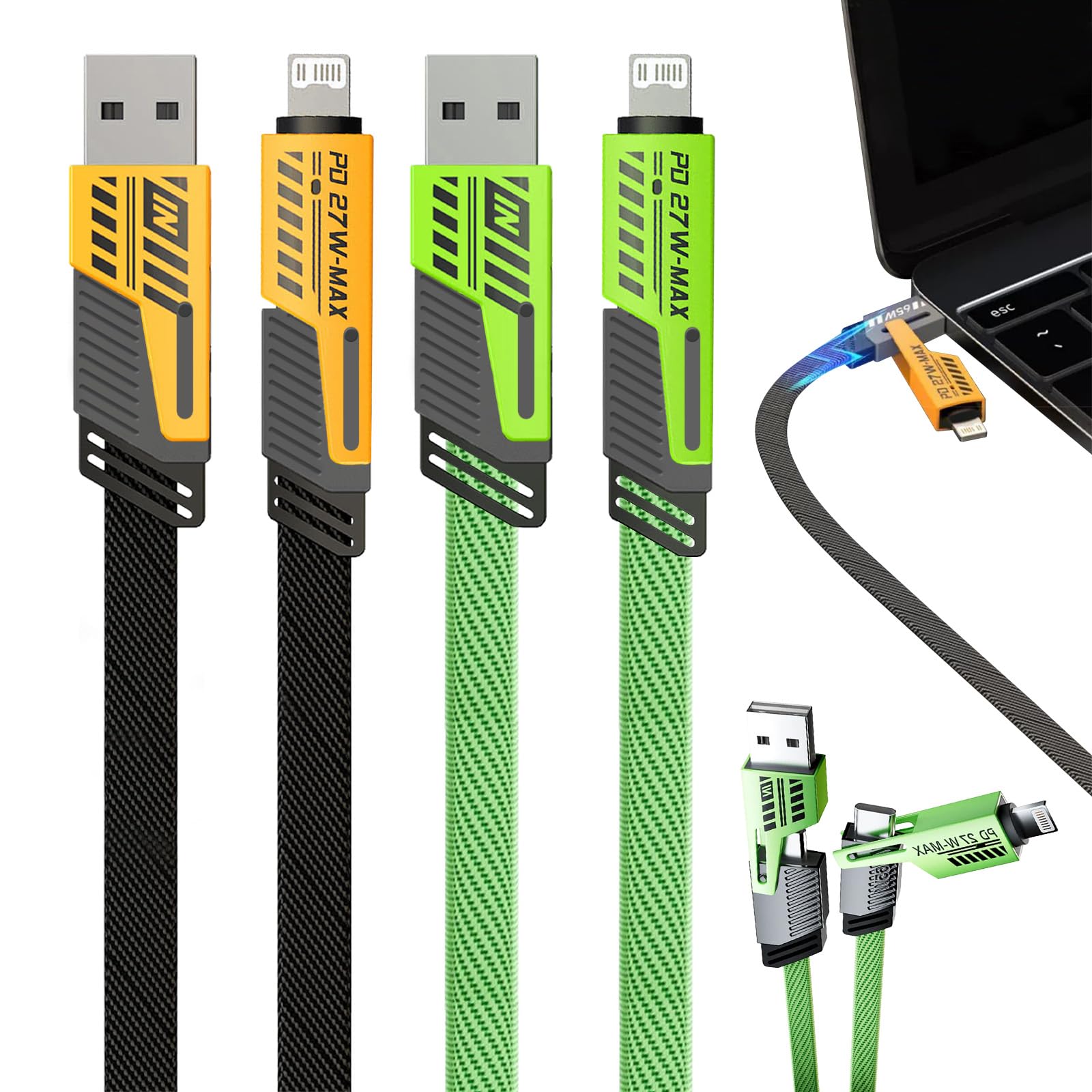 UoQo 4-in-1 Fast Charging Cable Combo (2 Pack) - 65W High-Speed Charger with USB-C & Lightning Ports for iPhone 15/14/13, iPad, MacBook, Samsung Galaxy - 3.3ft Tangle-Free Braided Cable for Home, Office & Travel Charging