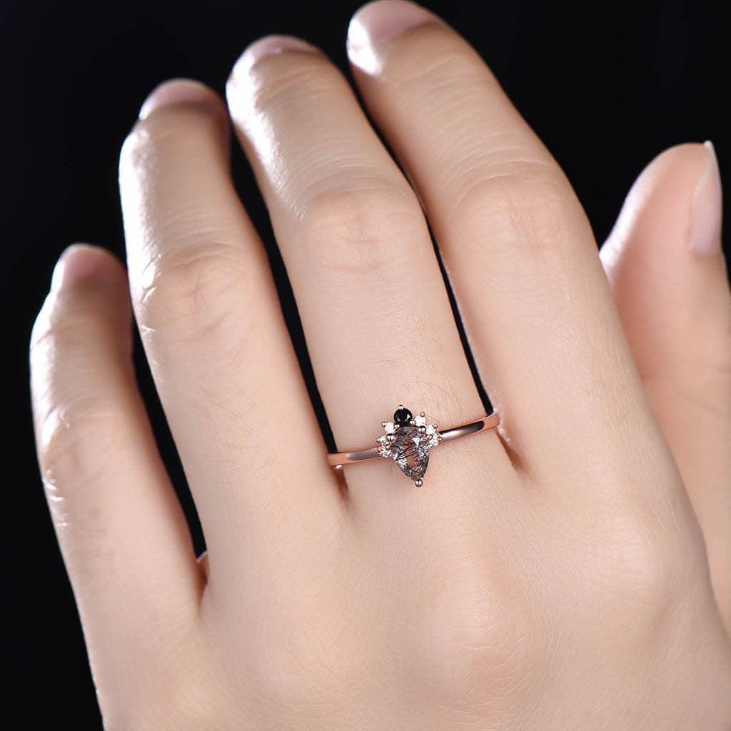 14K/18K Gold Black Rutilated Quartz Diamond Engagement Ring for Women - Elegant Wedding Band, Promise Ring, Anniversary Gift for Her