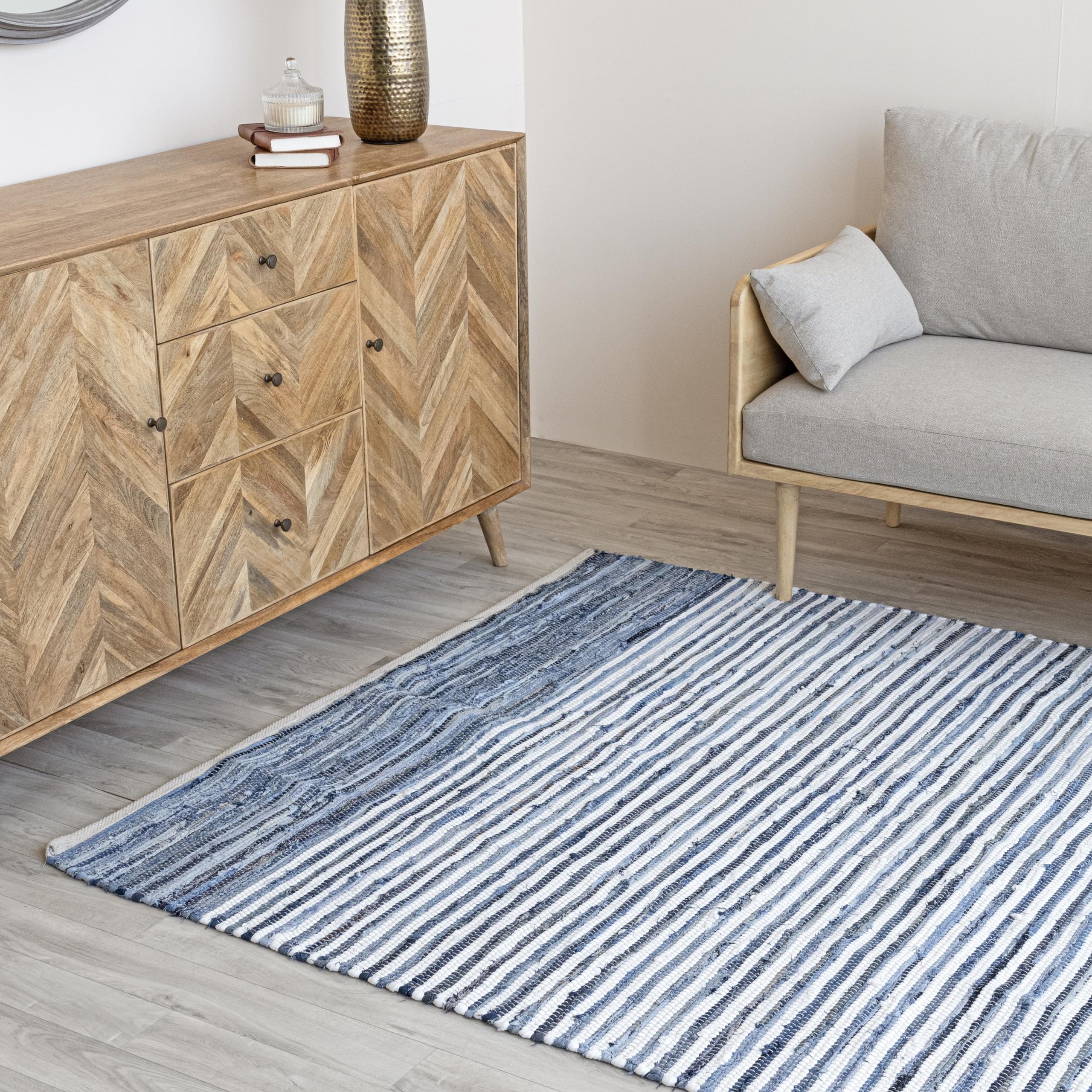 Handmade HOMEMONDE Denim Rag Rug 3'x5' - Blue Recycled Cotton Chindi Boho Reversible Rug - Farmhouse Style for Bedroom, Living Room, Kitchen & Entryway - Perfect for Cozy Home Decor & Boho Chic Interiors