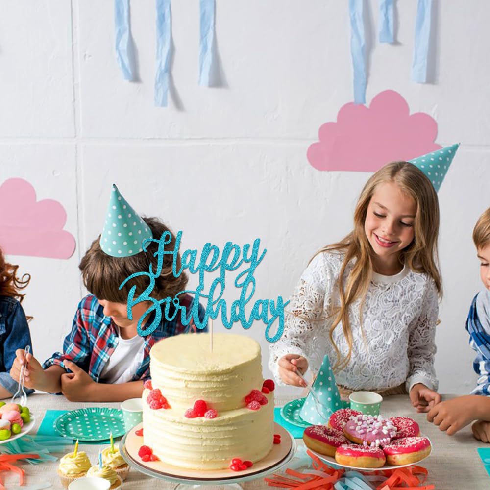 Handmade Glitter Happy Birthday Cake Topper - Blue Birthday Party Decoration Supplies for Cakes, Cupcakes & Desserts | Perfect for Birthday Celebrations, Baby Showers & Special Events