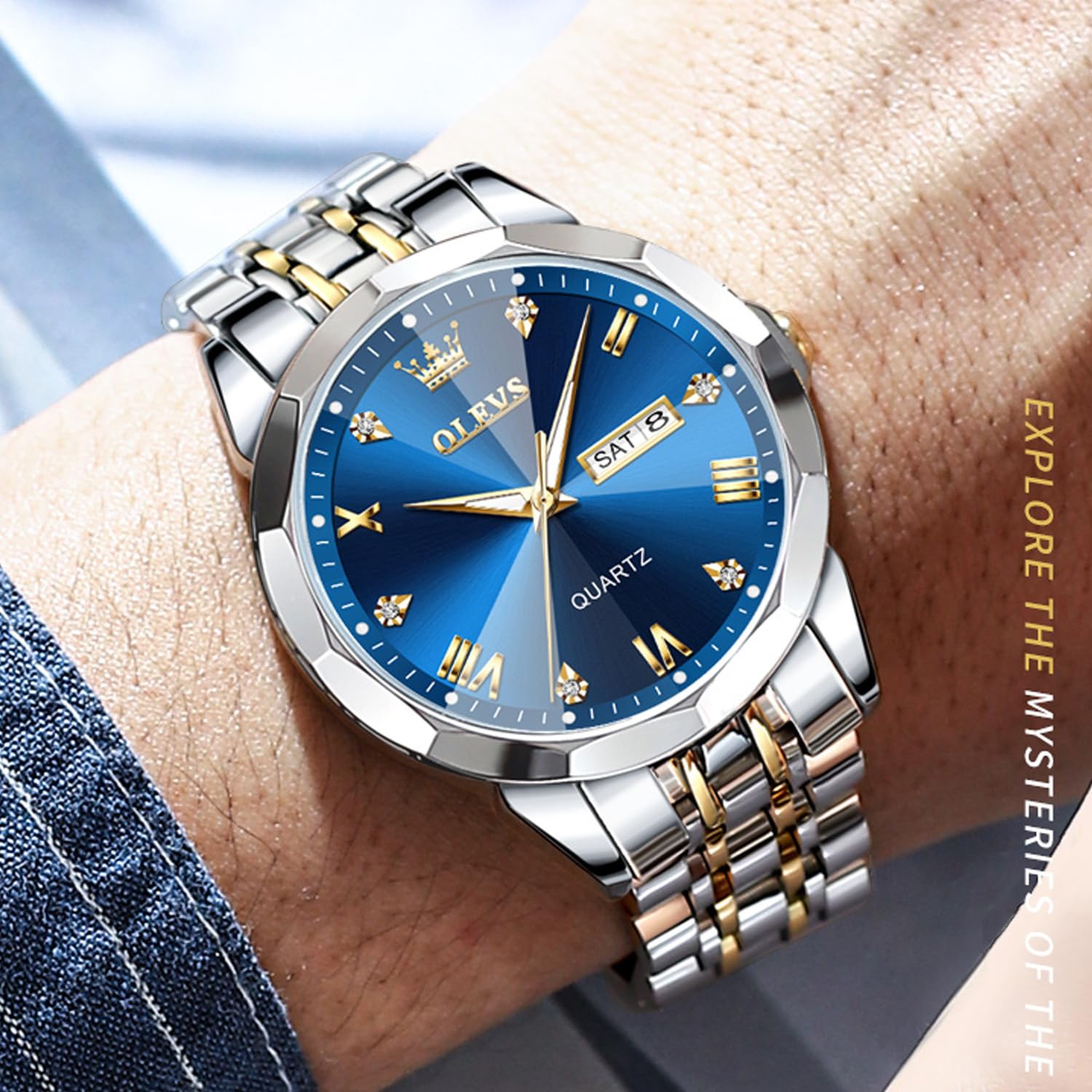 OLEVS Men's Stainless Steel Waterproof Quartz Watch with Luminous Hands & Date Display - Two-Tone Casual Wristwatch for Business, Outdoor & Everyday Wear