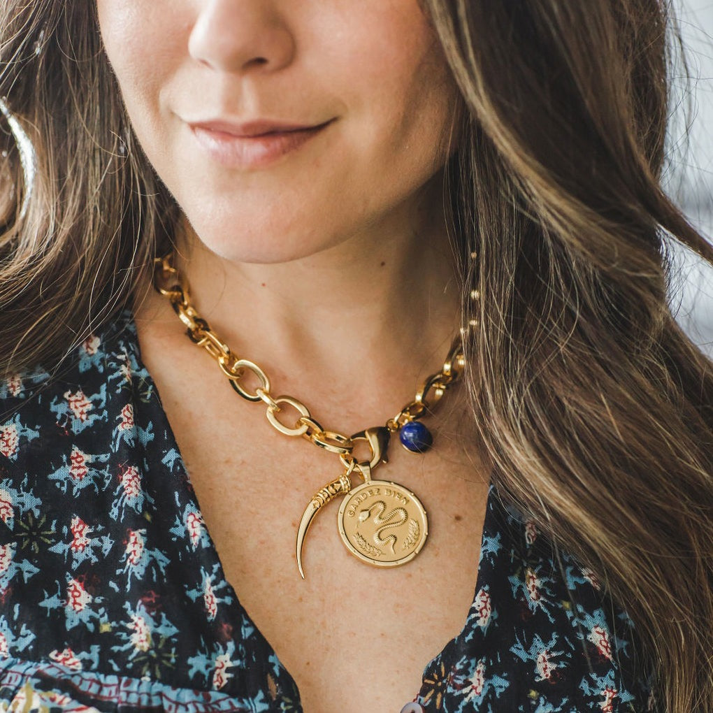 Jane Win Chunky Link Chain Necklace with Lapis Lazuli Beads - Elegant Statement Jewelry for Women, Perfect for Parties, Weddings & Everyday Wear