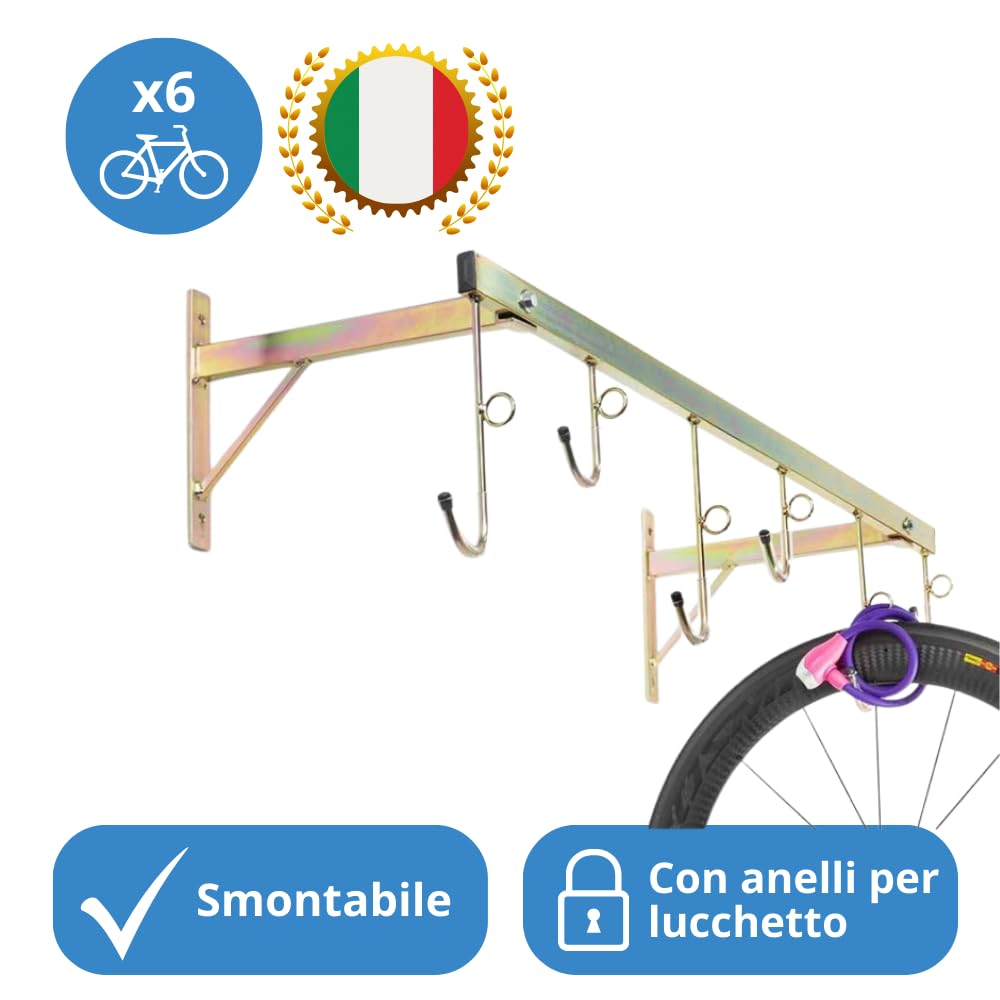 ANDRYS - Vertical Wall Mount Bike Rack for Indoor & Outdoor Use - Holds Up to 6 Bikes - Removable Galvanized Steel Bicycle Storage - Tropical Gold with Black PVC Caps (3006A) - Perfect for Garage, Shed, or Apartment Bike Organization