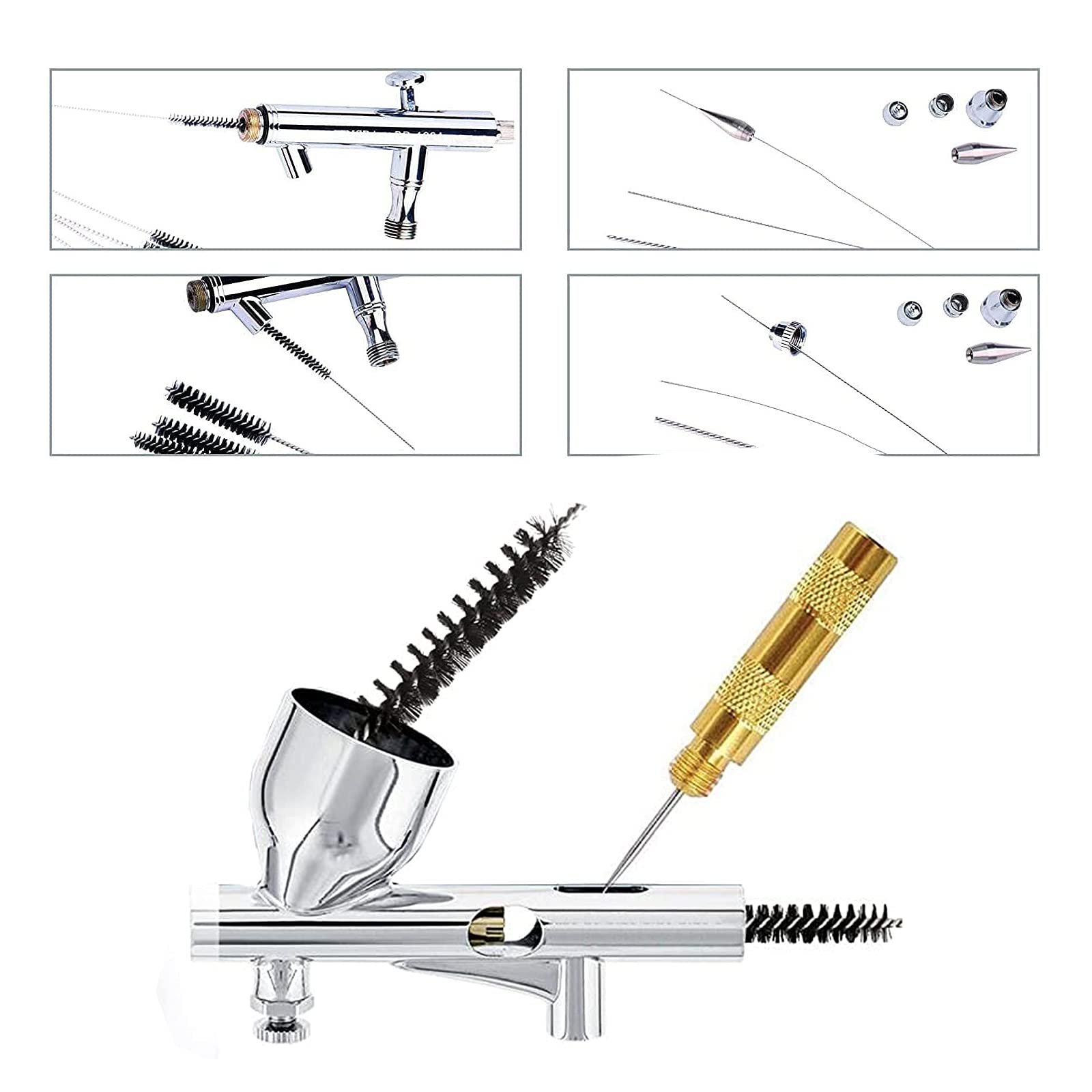 11Pcs Airbrush Cleaning Kit with Golden Wash Needle, Cleaning Needles & Brushes - Professional Airbrush Gun Nozzle Cleaner Tools for Body Painting, Tattoo & Makeup - Perfect for Artists, Hobbyists & DIY Projects