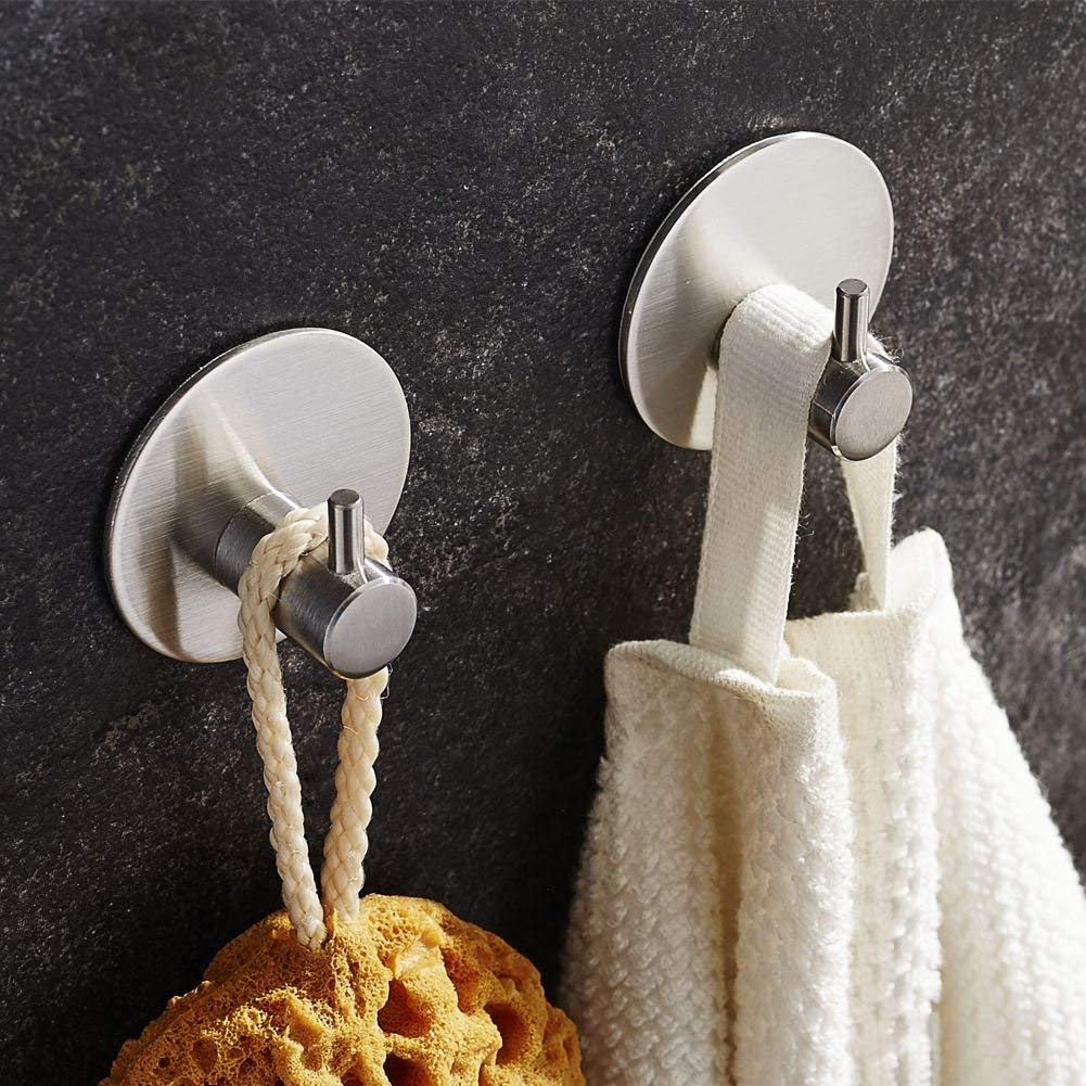 Aikzik 4-Pack Stainless Steel Self-Adhesive Wall Hooks - No Drill Towel Hanger for Bathroom & Kitchen - Strong Adhesive Hooks for Robes, Keys, Utensils & Home Organization