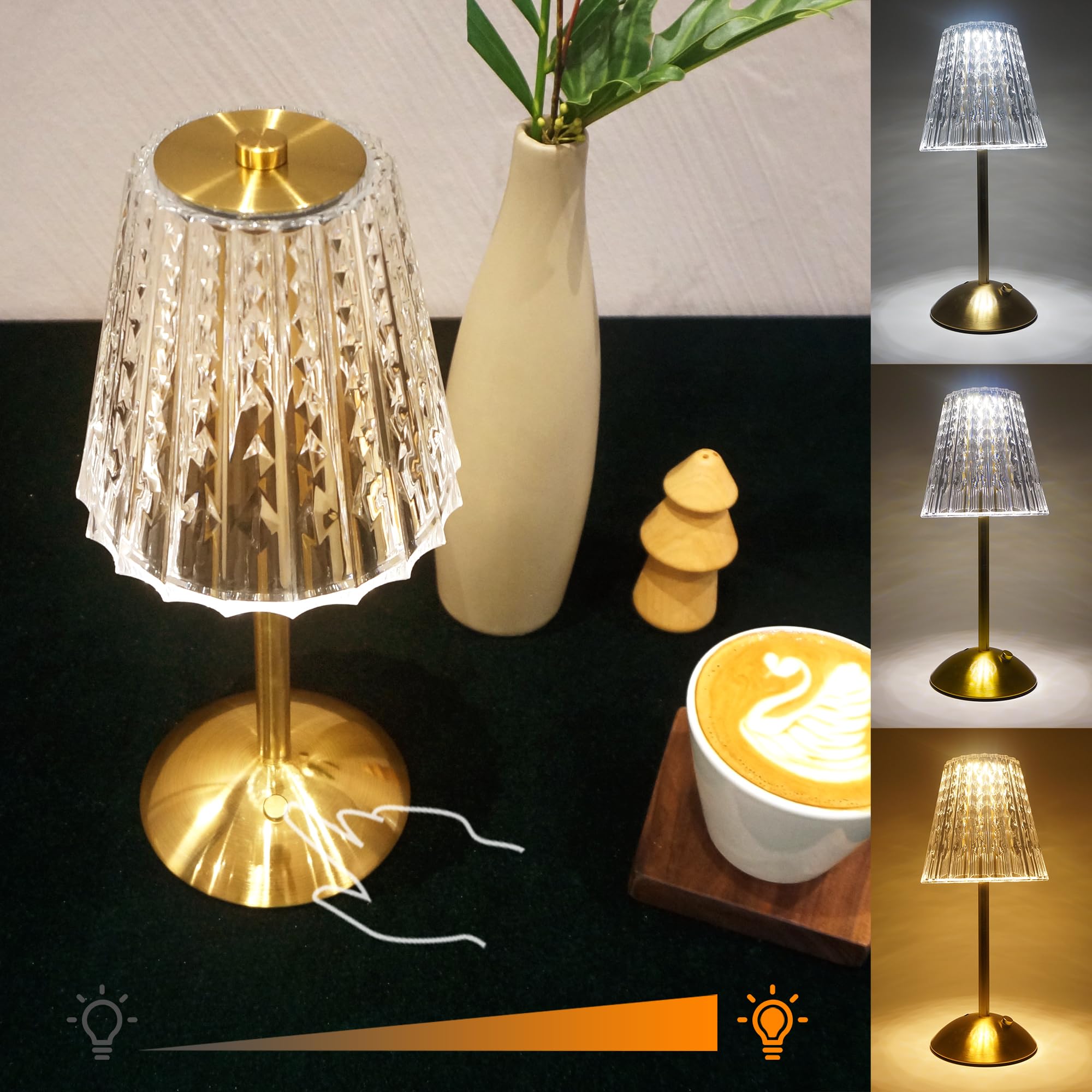 Amingulry Cordless Rechargeable LED Table Lamp - 3 Color Modes, Stepless Dimming, Touch Control, Portable Crystal Gold Metal Design for Bedroom, Living Room, Restaurant & Outdoor Use - Perfect for Night Reading, Decoration and Ambient Lighting