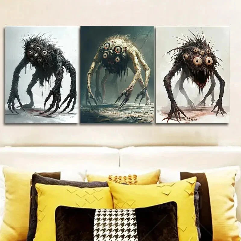 3-Piece Eye Monster Art Painting - Metal Print Wall Decor Ready to Hang - Gothic Home Decor for Living Room, Bedroom & Office