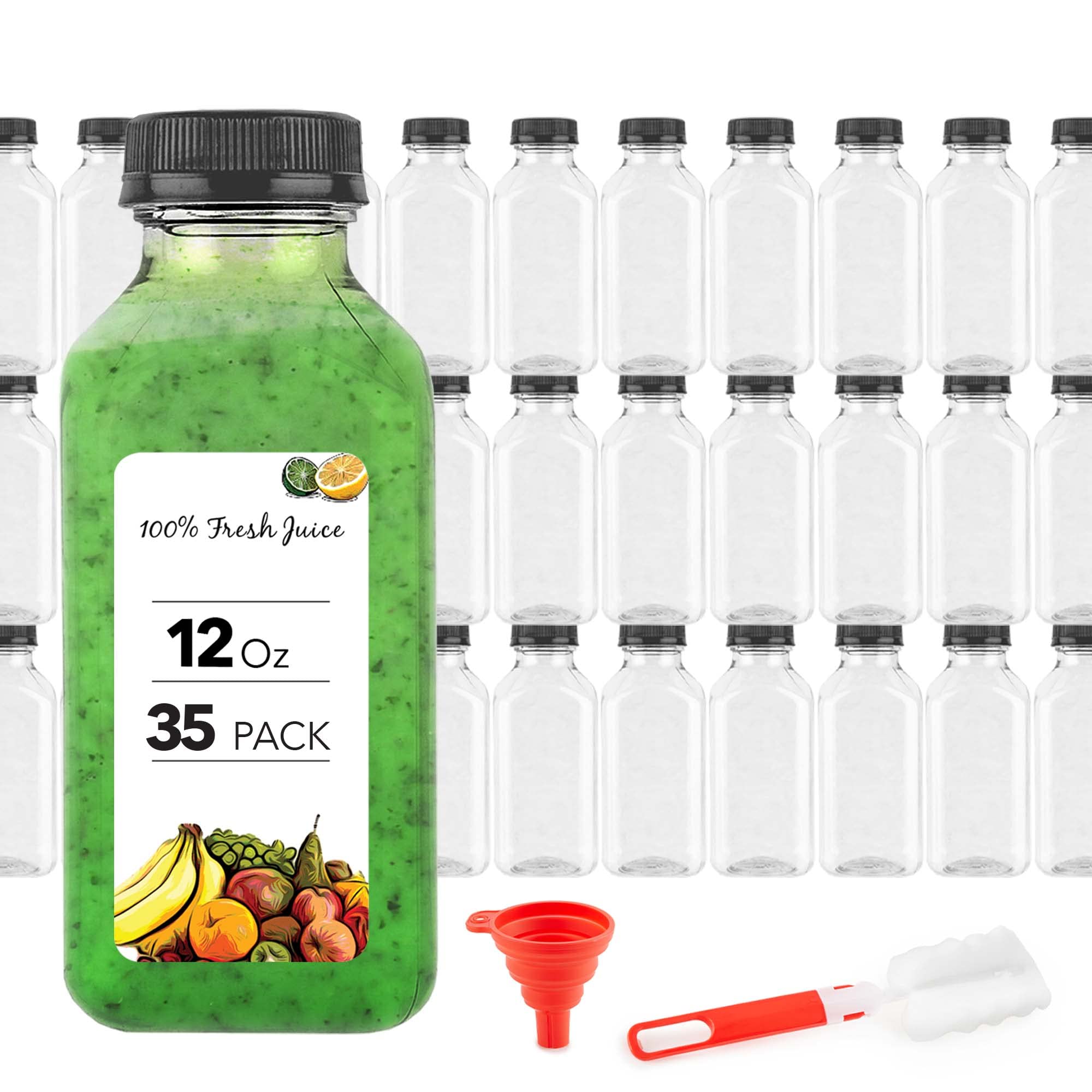 12 oz Reusable Clear Plastic Juice Bottles with Caps (35 Pack) - Empty Drink Containers for Juicing, Shots, Mini Fridge Storage - Includes Labels, Brush & Funnel - Perfect for Homemade Juices, Meal Prep, and On-the-Go Hydration