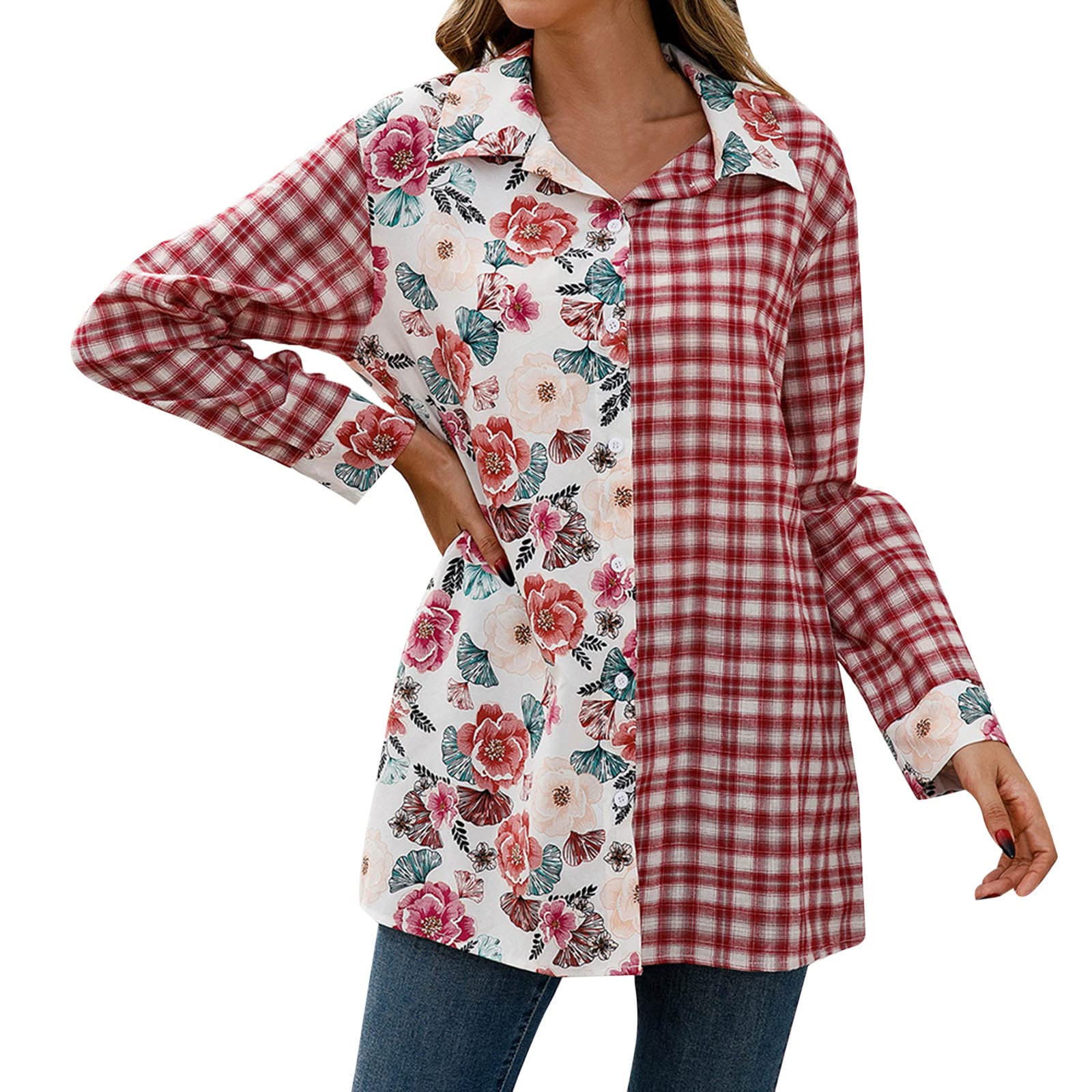 2022 Women's Casual Fashion Plaid Floral Print Long Sleeve Blouse with Lace-Up Detail - Stylish Tops for Women | Perfect for Office, Date Night & Everyday Wear