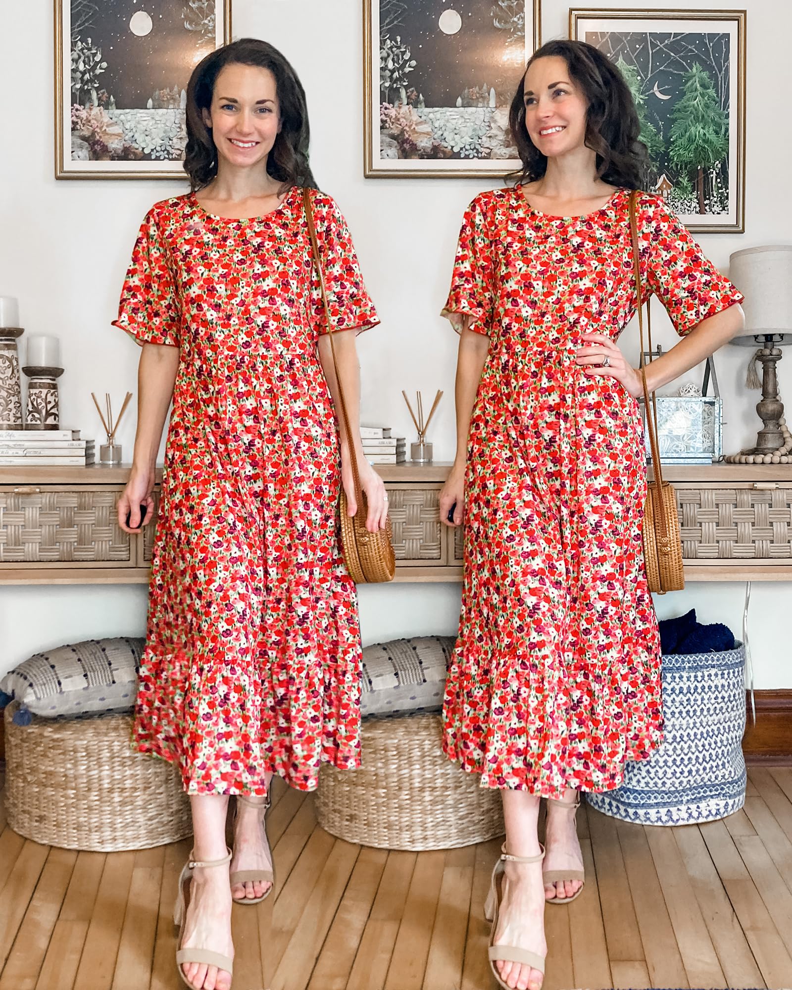 STYLEWORD Women's Summer 2025 Casual Short Sleeve Tiered Flowy Spring Dress - Long Midi Beach Sundress for Vacation, Party, and Outdoor Activities