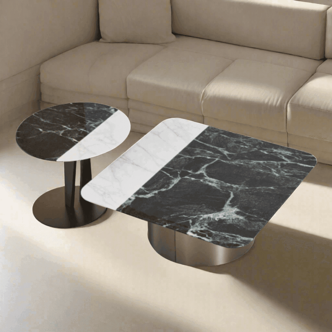 Ginevra Cultured Marble Nesting Coffee Table Set - Modern Side End Tables for Living Room, Bedroom, Office - Elegant Home Decor Furniture for Small Spaces