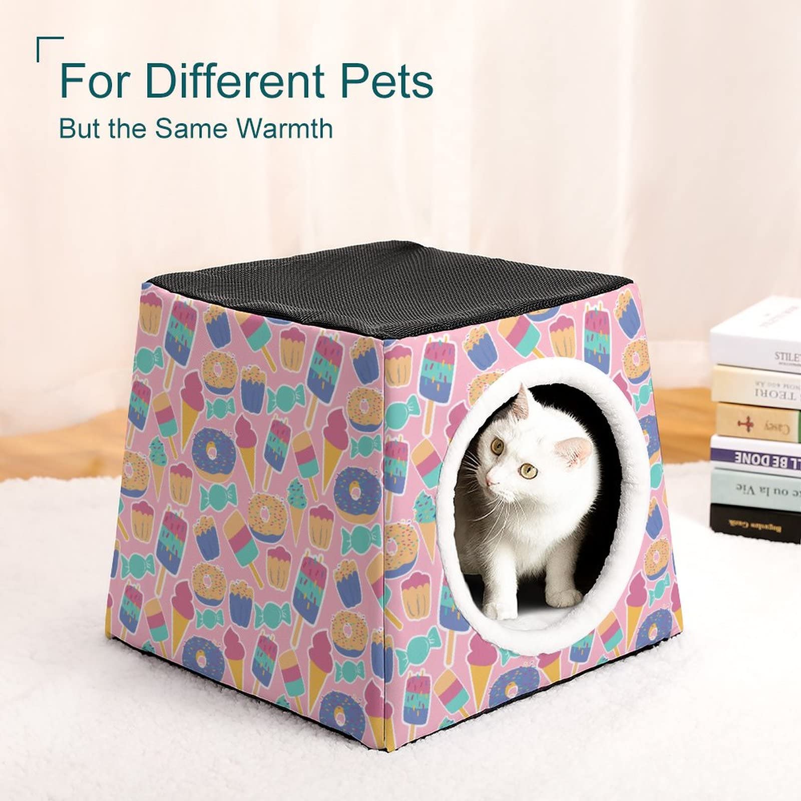 Printed Cat Cube Kitty House - Indoor Cat Bed & Small Dog Shelter - Warm & Cozy Pet Sofa - Perfect for Cuddling, Napping & Playtime
