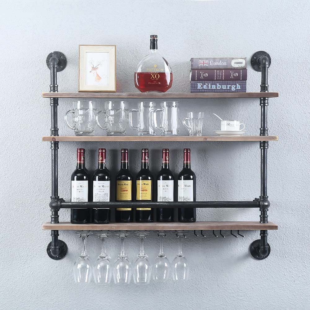 Industrial Pipe Shelf Wine Rack Wall Mounted with 9 Stem Glass Holder - 36 Inch Rustic Wood Floating Shelves for Bar, Kitchen & Dining Room Decor - Wine Storage & Glass Display Shelf for Home & Commercial Use