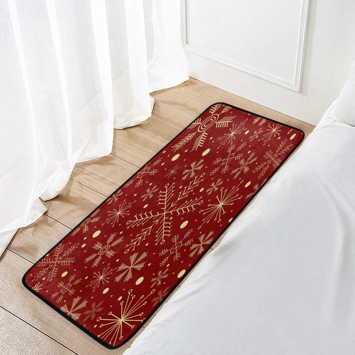 Christmas Snowflake Non-Slip Kitchen Rug - Red Holiday Design Soft Bath Mat & Runner - 39