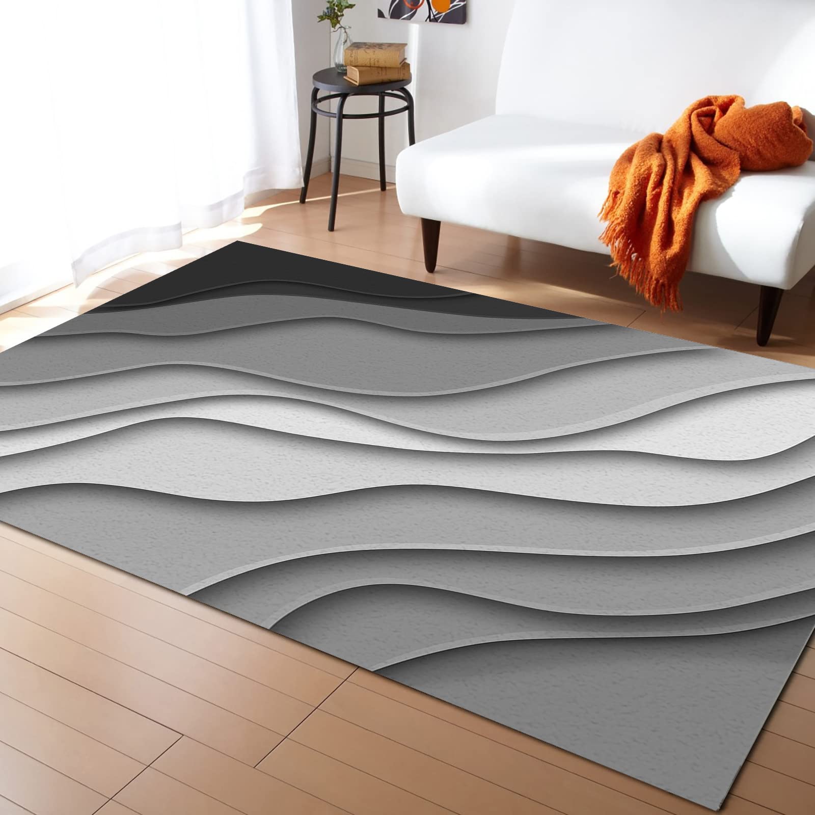 Non-Slip Black Gradient Area Rug 4x6 ft - Abstract Geometric Black Gray Beach Waves Design with Rubber Backing - Contemporary Indoor Floor Mat for Living Room, Entryway, Bedroom & Office Decor
