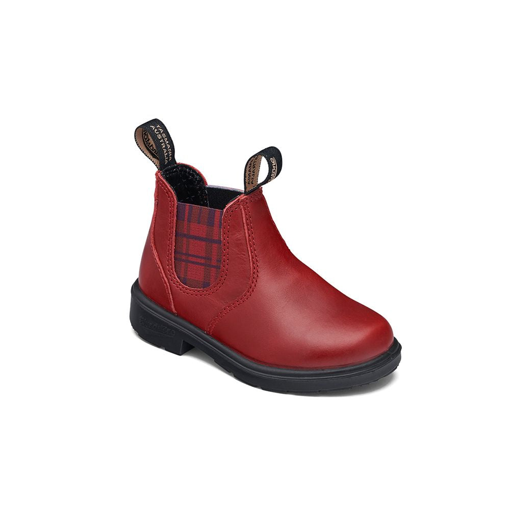 Blundstone Kids' Boots - Red Leather with Burgundy Tartan Elastic Sides | Comfortable & Durable for School, Outdoor Play & Winter Activities