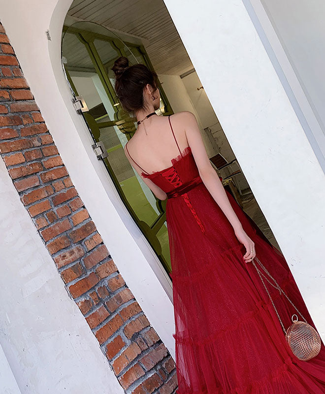 Elegant Burgundy A-Line Tulle Long Prom Dress for Women - Formal Evening Gown for Homecoming, Ball, and Special Occasions