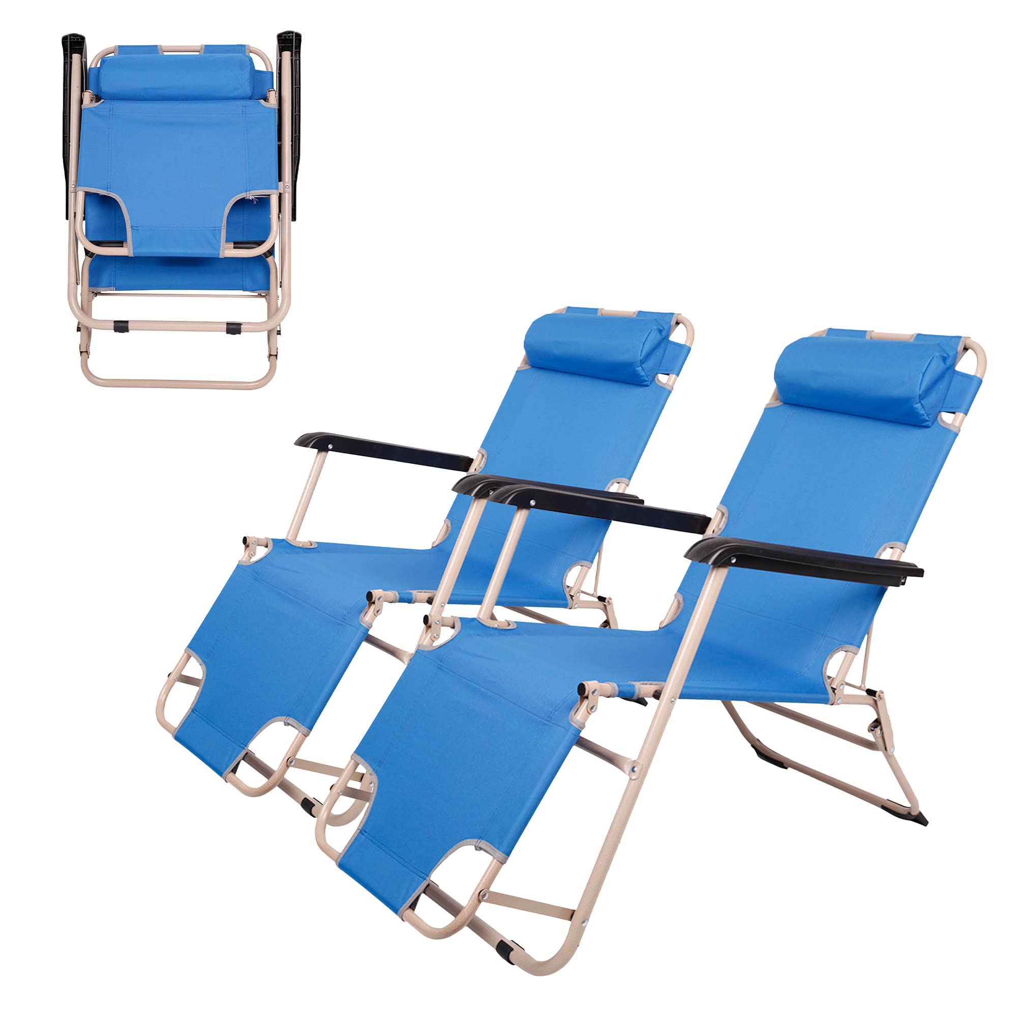 2-Pack Lightweight Portable Folding Lounge Chairs - Adjustable Reclining Patio Lawn Chairs with Footrest & Removable Pillow for Beach, Poolside, Backyard & Outdoor Relaxation - Blue