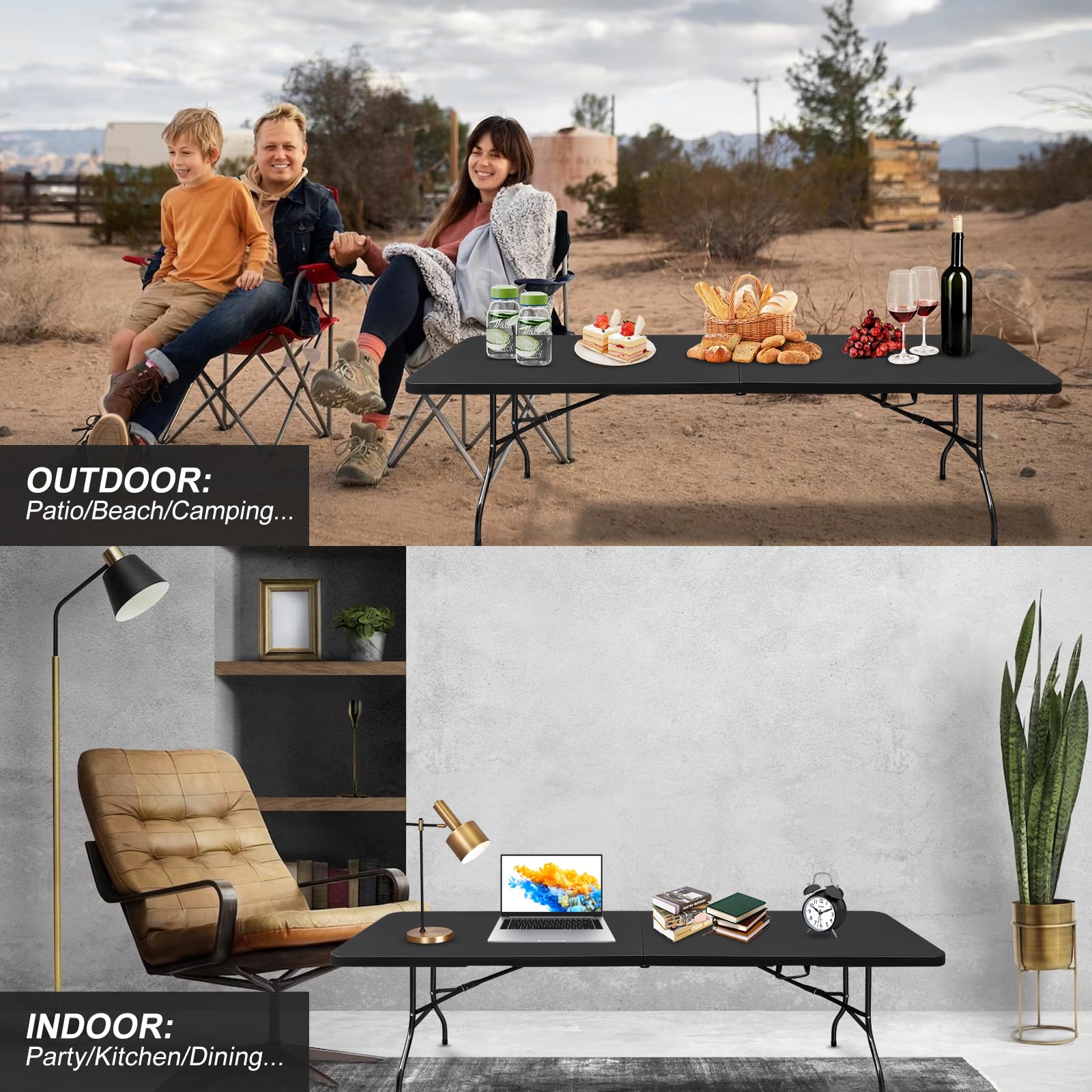 Heavy Duty Portable Folding Table 4ft/6ft/8ft - White & Black Plastic Picnic Dining Table for Camping, Parties, Kitchen, Indoor & Outdoor Use - Fold-in-Half Design for Easy Storage & Transport