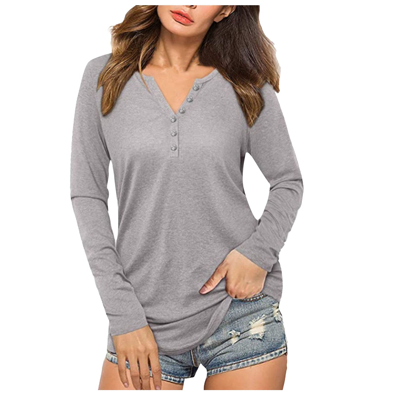 Sexy Casual Long Sleeve V-Neck Plain Tee Shirts for Women - Comfortable Womens Tops for Everyday Wear, Fourth of July Outfits, Date Night & Office Casual