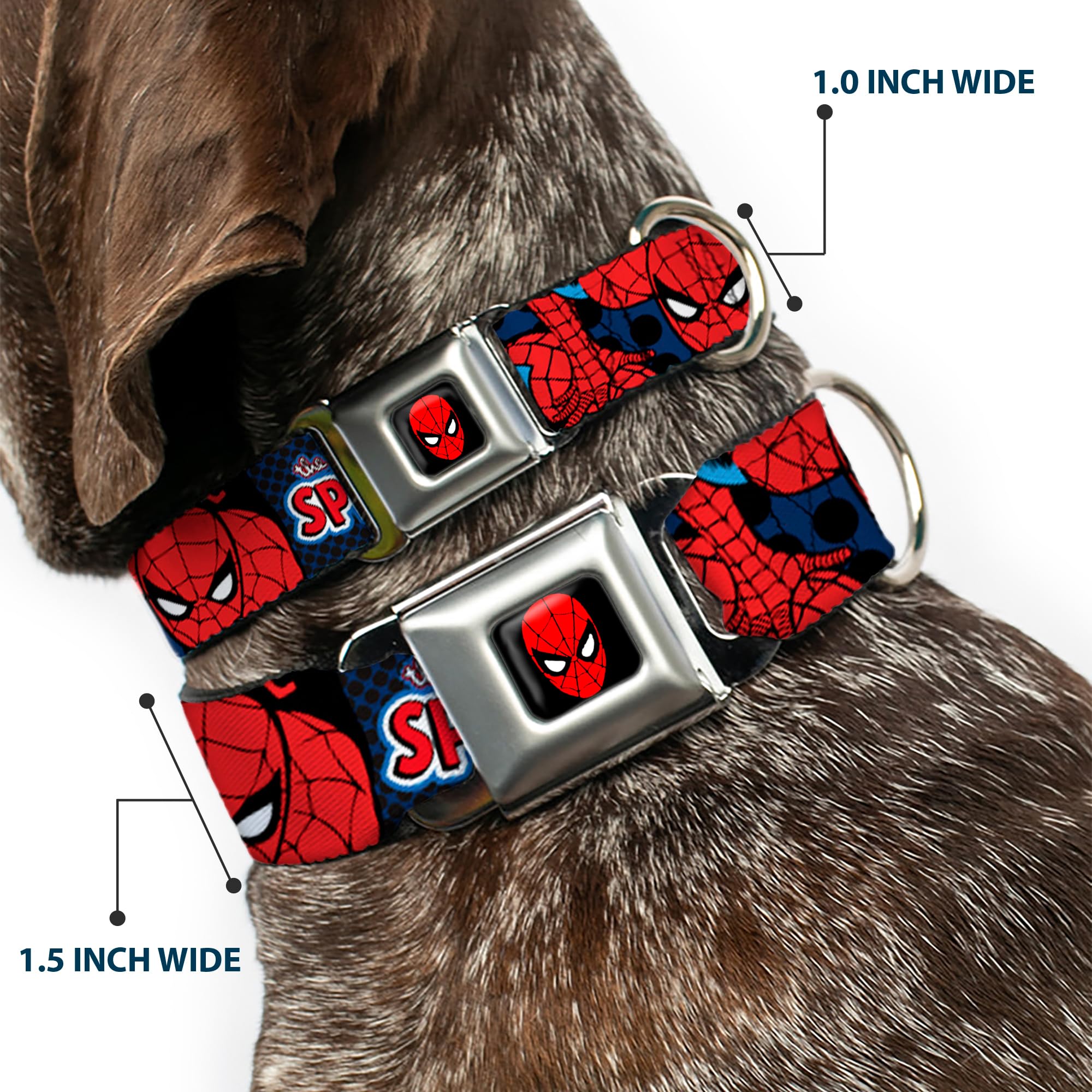 Amazing Spider-Man Dog Collar with Seatbelt Buckle - Adjustable 9 to 15 Inches, 1.0 Inch Wide, Multi-Color (DC-WSPD001-S) - Perfect for Superhero Fans & Pet Safety in Cars